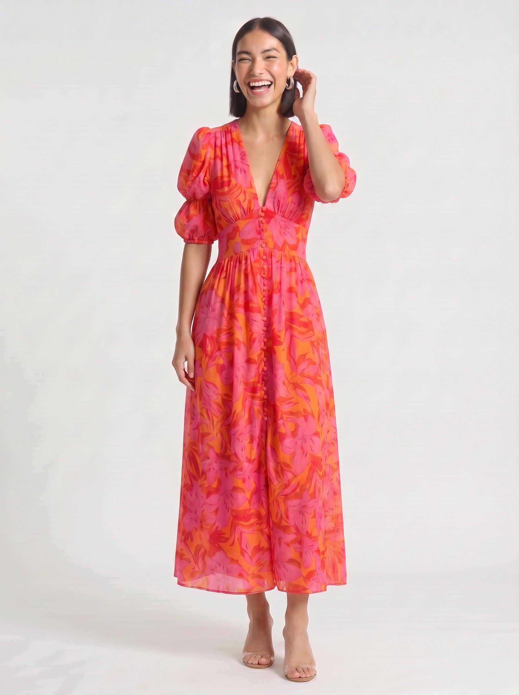 Floriva Button Front Puff Sleeve Midi Dress – Floral Print Plunge Neck Women Summer Wedding Guest Vacation Midi Dress