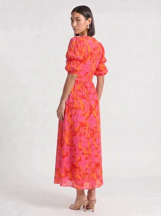 Floriva Button Front Puff Sleeve Midi Dress – Floral Print Plunge Neck Women Summer Wedding Guest Vacation Midi Dress