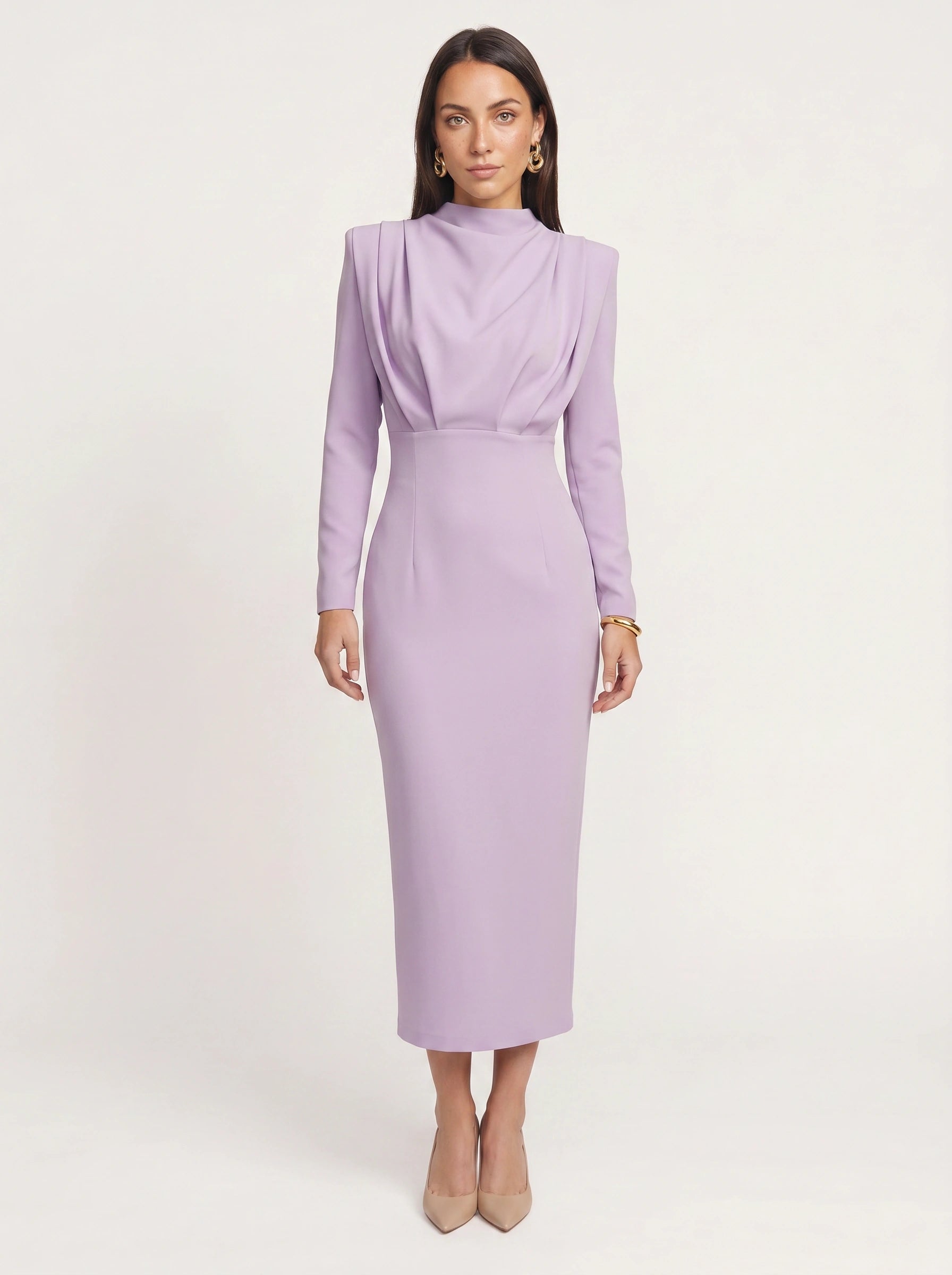 Plièro Structured Shoulder Midi Dress – Long Sleeve Mock Neck Women Formal Wedding Guest Elegant Evening Midi Dress