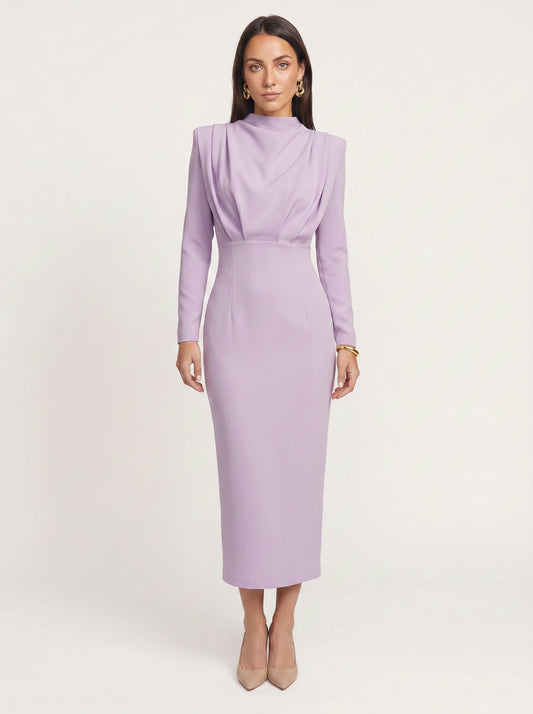 Plièro Structured Shoulder Midi Dress – Long Sleeve Mock Neck Women Formal Wedding Guest Elegant Evening Midi Dress