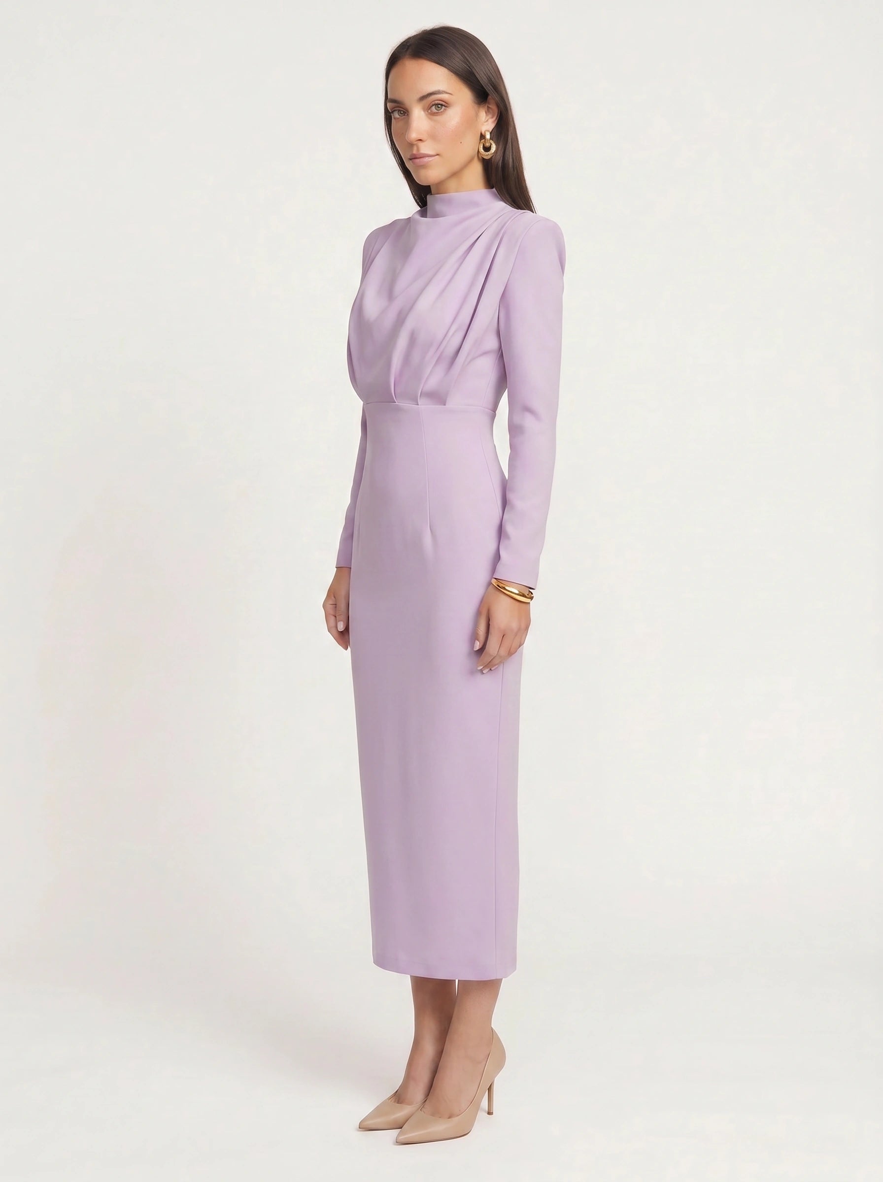 Plièro Structured Shoulder Midi Dress – Long Sleeve Mock Neck Women Formal Wedding Guest Elegant Evening Midi Dress