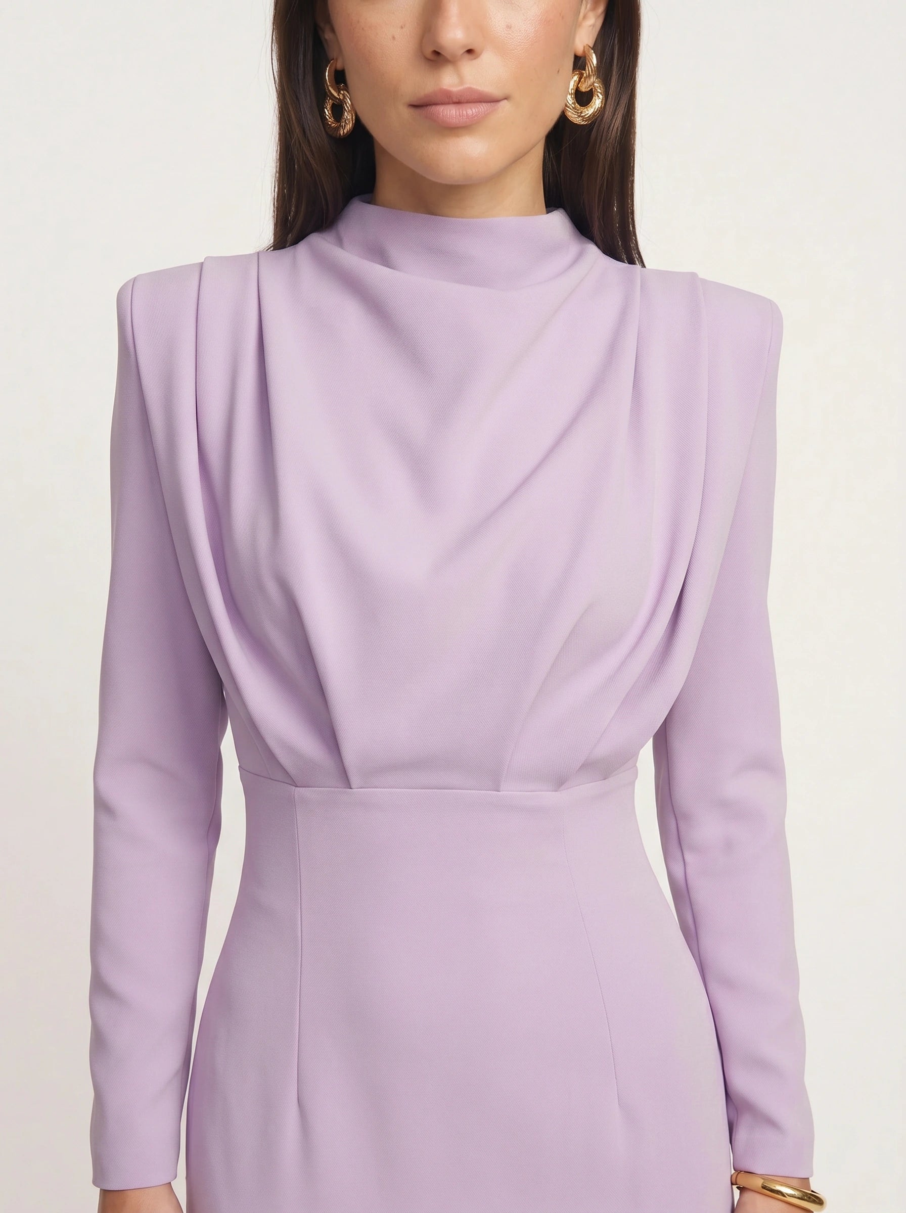 Plièro Structured Shoulder Midi Dress – Long Sleeve Mock Neck Women Formal Wedding Guest Elegant Evening Midi Dress