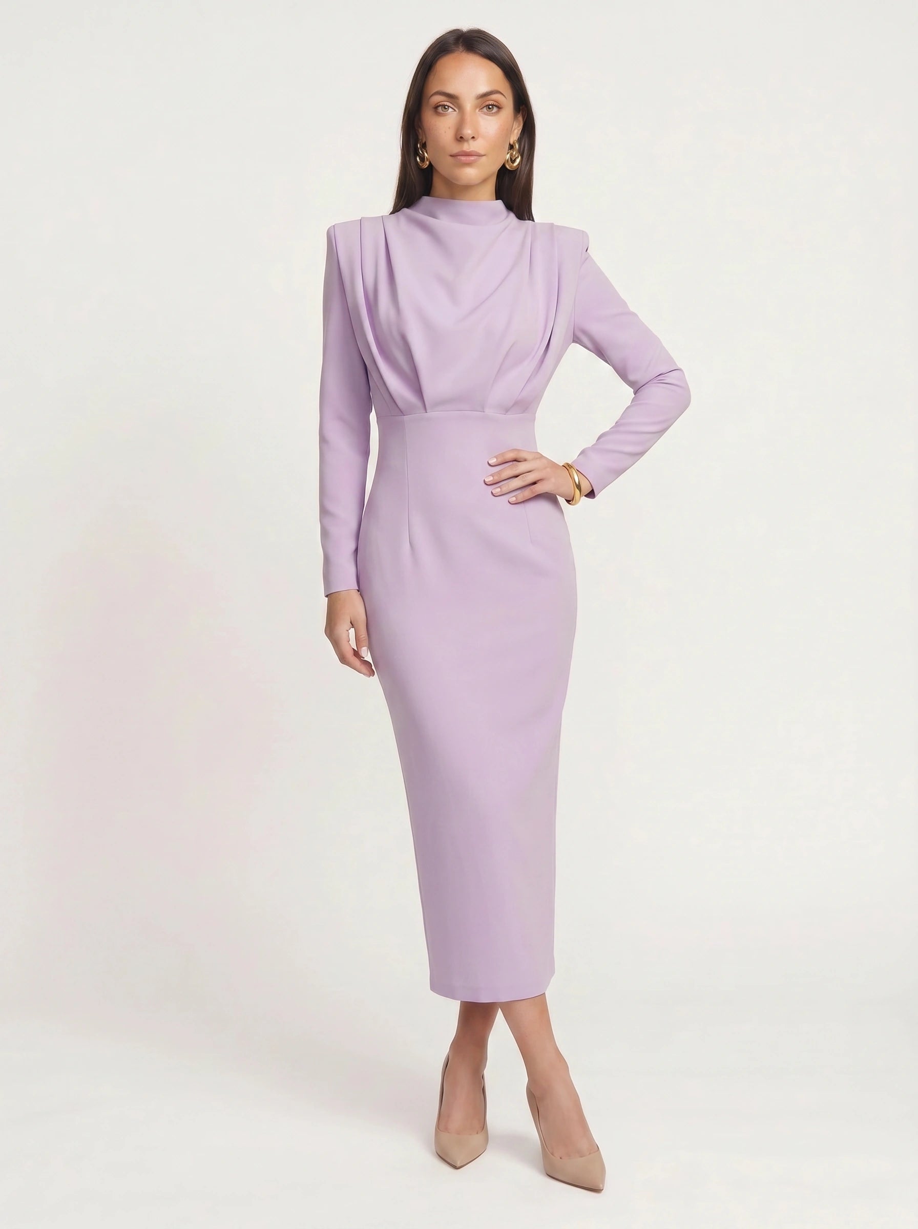 Plièro Structured Shoulder Midi Dress – Long Sleeve Mock Neck Women Formal Wedding Guest Elegant Evening Midi Dress