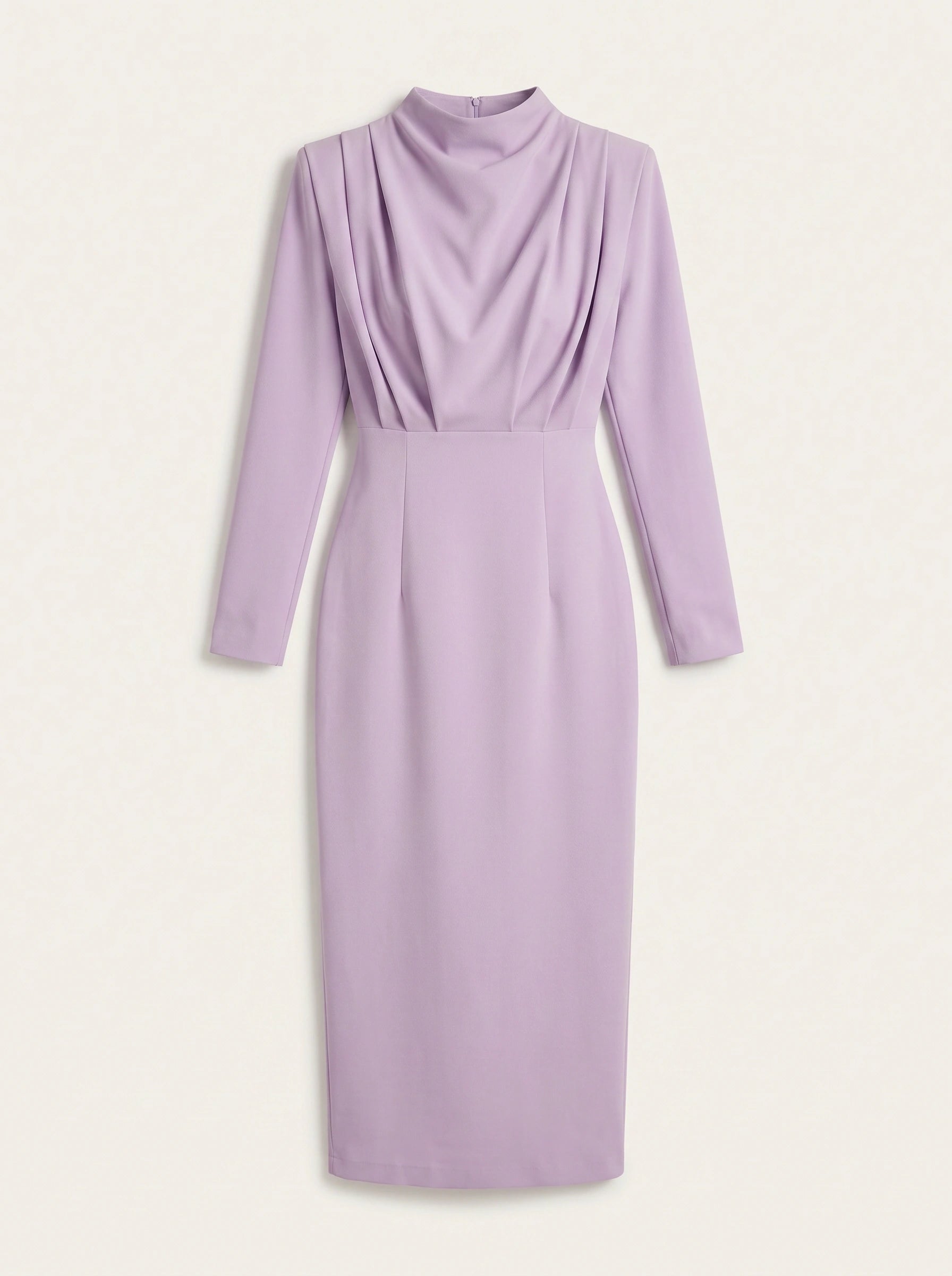 Plièro Structured Shoulder Midi Dress – Long Sleeve Mock Neck Women Formal Wedding Guest Elegant Evening Midi Dress