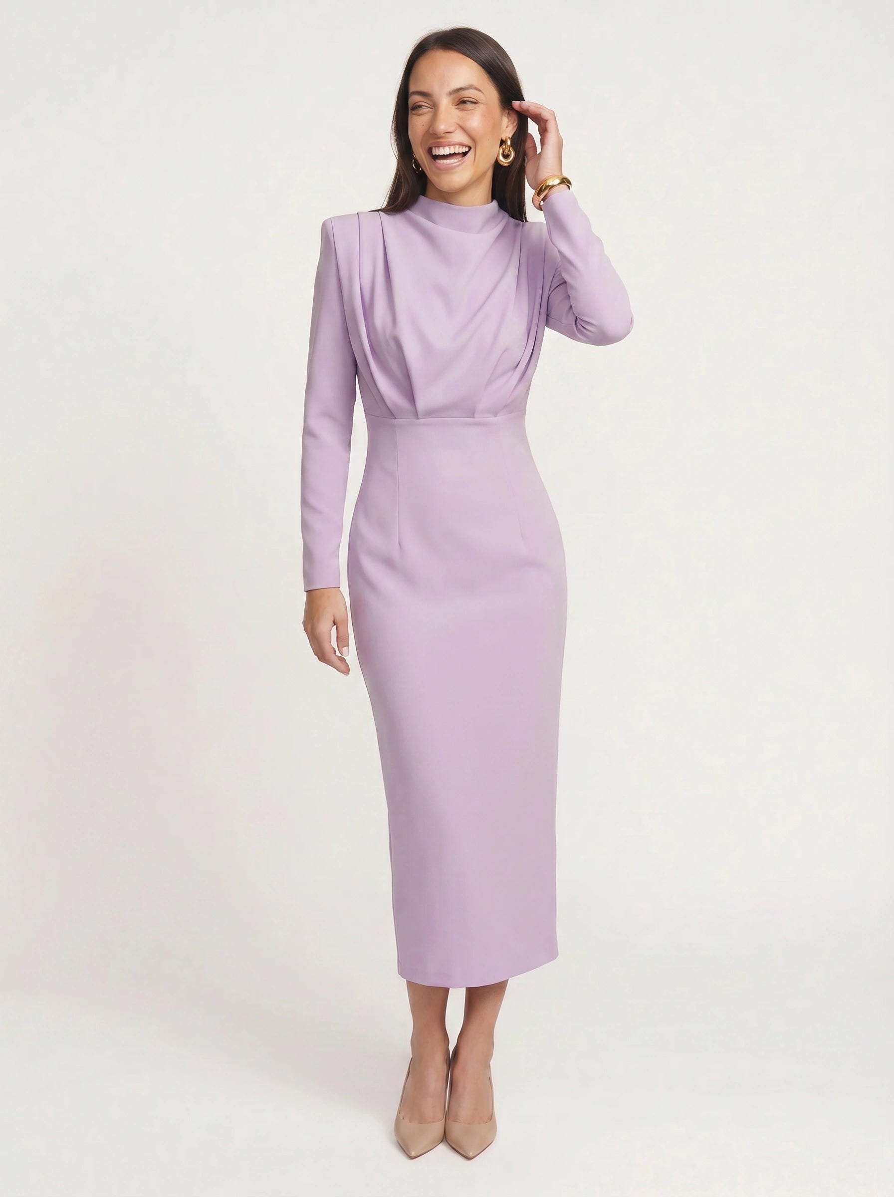 Plièro Structured Shoulder Midi Dress – Long Sleeve Mock Neck Women Formal Wedding Guest Elegant Evening Midi Dress