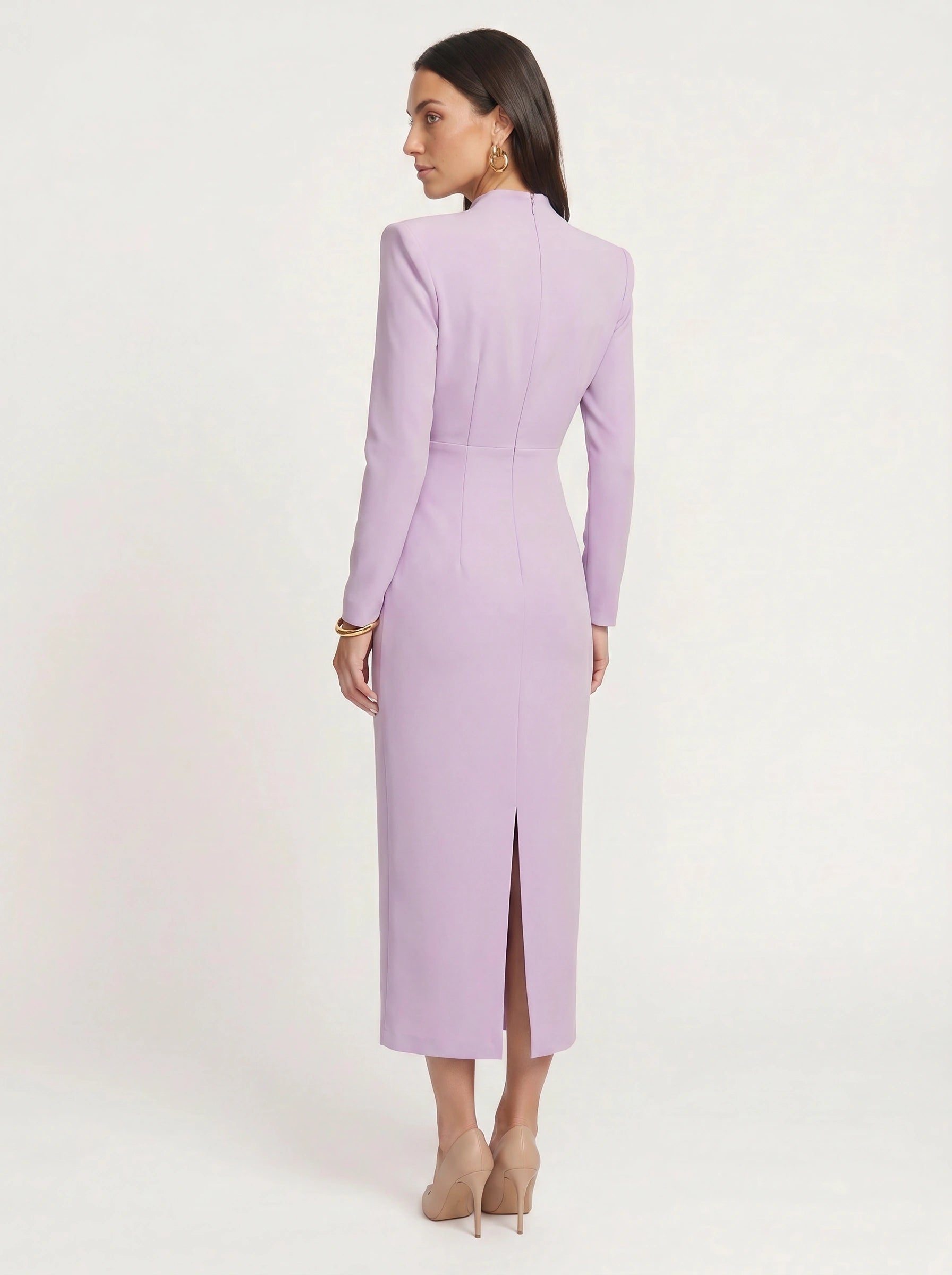 Plièro Structured Shoulder Midi Dress – Long Sleeve Mock Neck Women Formal Wedding Guest Elegant Evening Midi Dress