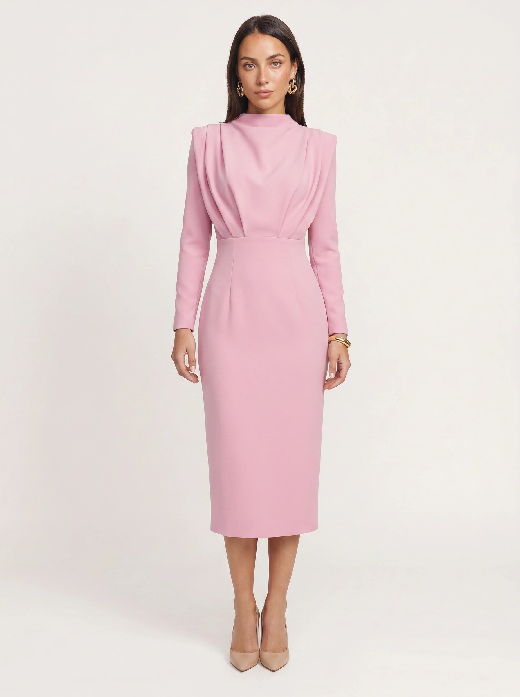 Plièro Structured Shoulder Midi Dress – Long Sleeve Mock Neck Women Formal Wedding Guest Elegant Evening Midi Dress