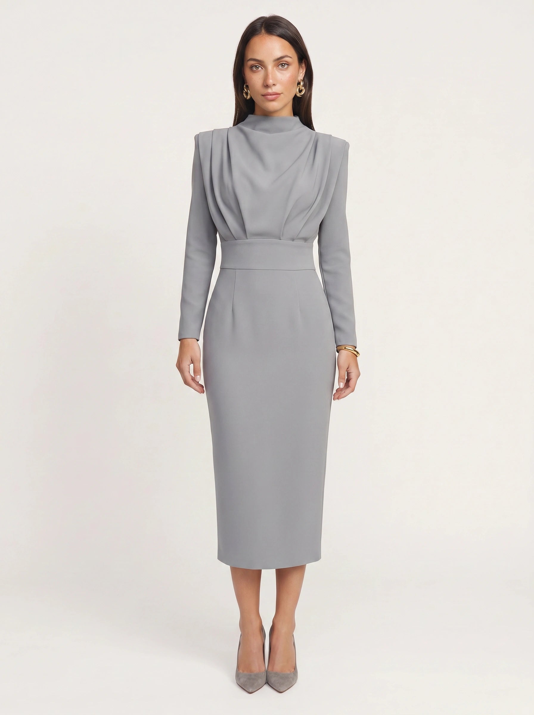 Plièro Structured Shoulder Midi Dress – Long Sleeve Mock Neck Women Formal Wedding Guest Elegant Evening Midi Dress