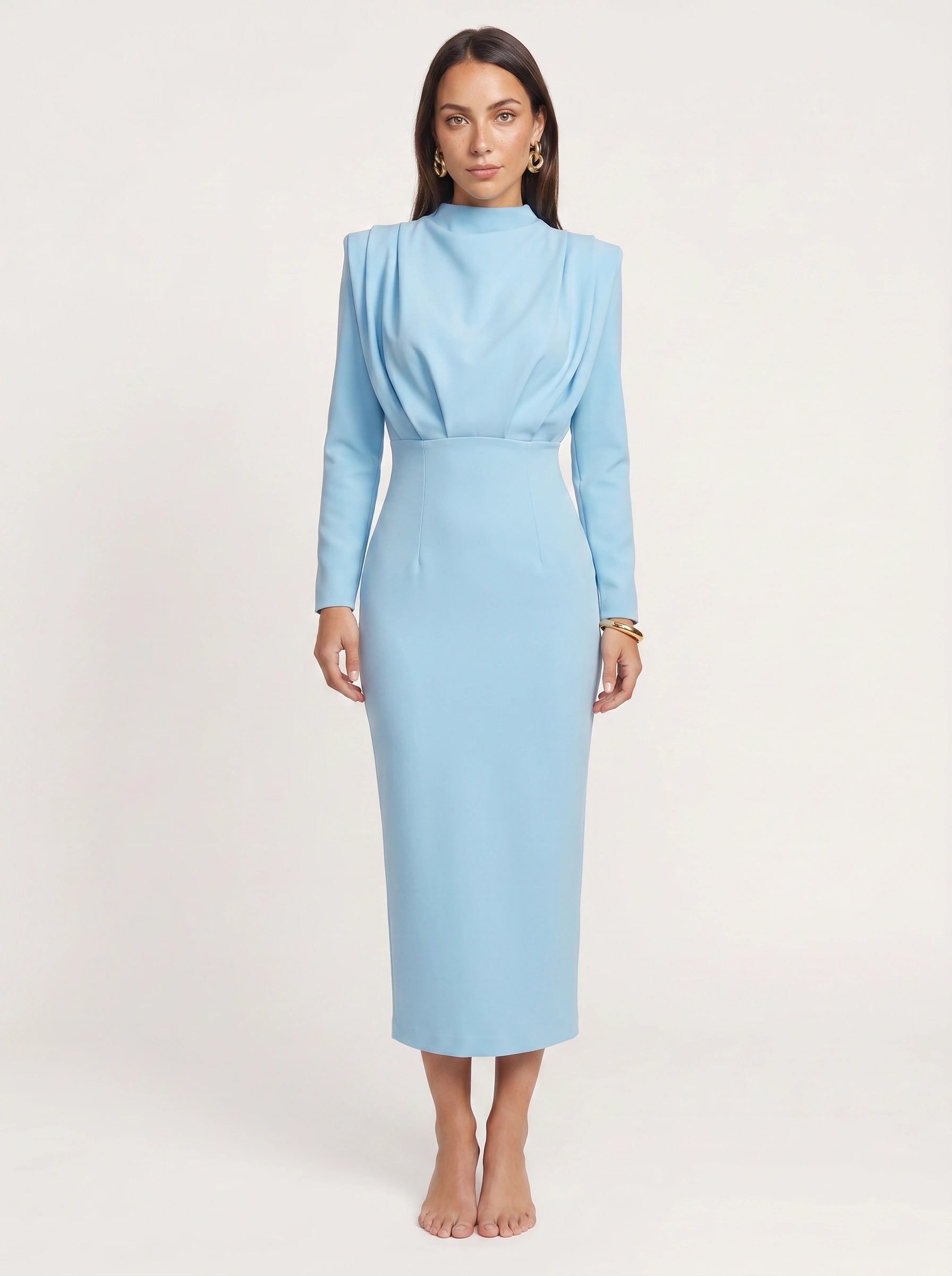 Plièro Structured Shoulder Midi Dress – Long Sleeve Mock Neck Women Formal Wedding Guest Elegant Evening Midi Dress