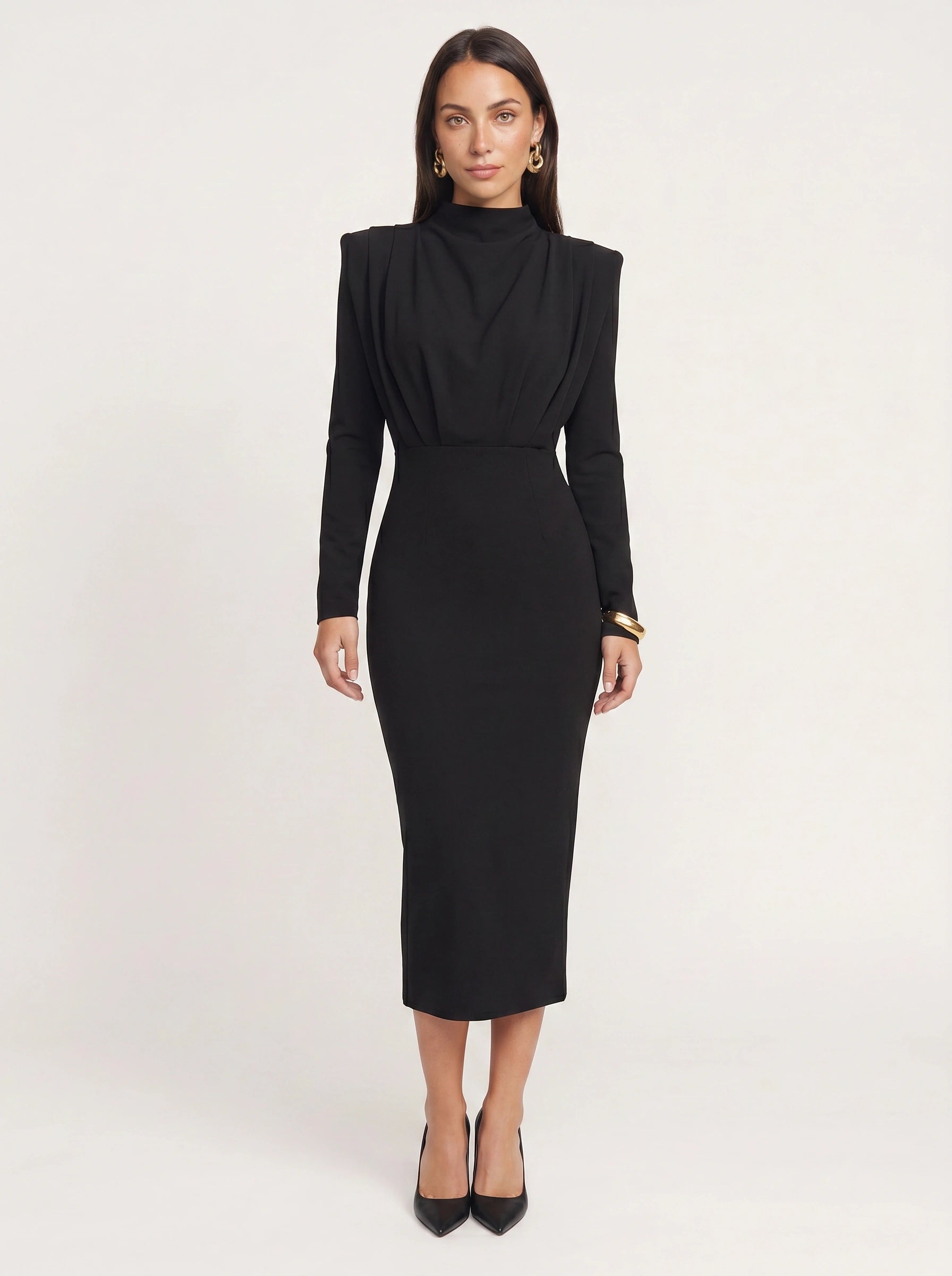 Plièro Structured Shoulder Midi Dress – Long Sleeve Mock Neck Women Formal Wedding Guest Elegant Evening Midi Dress