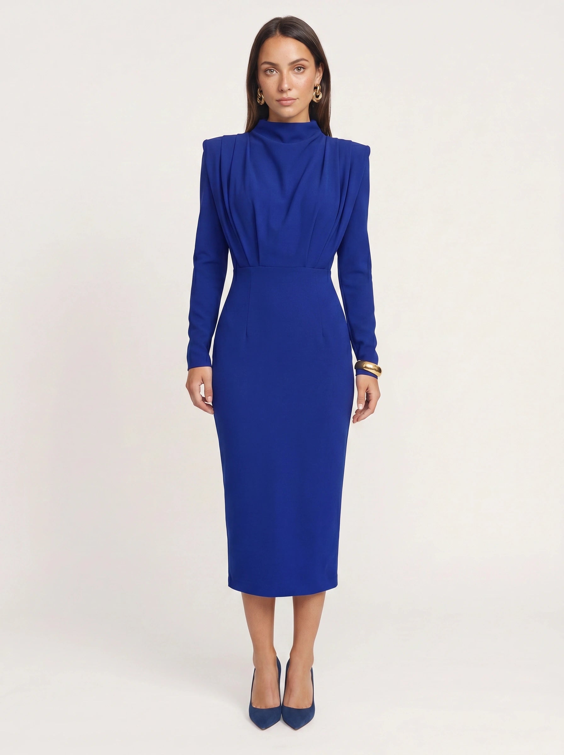 Plièro Structured Shoulder Midi Dress – Long Sleeve Mock Neck Women Formal Wedding Guest Elegant Evening Midi Dress