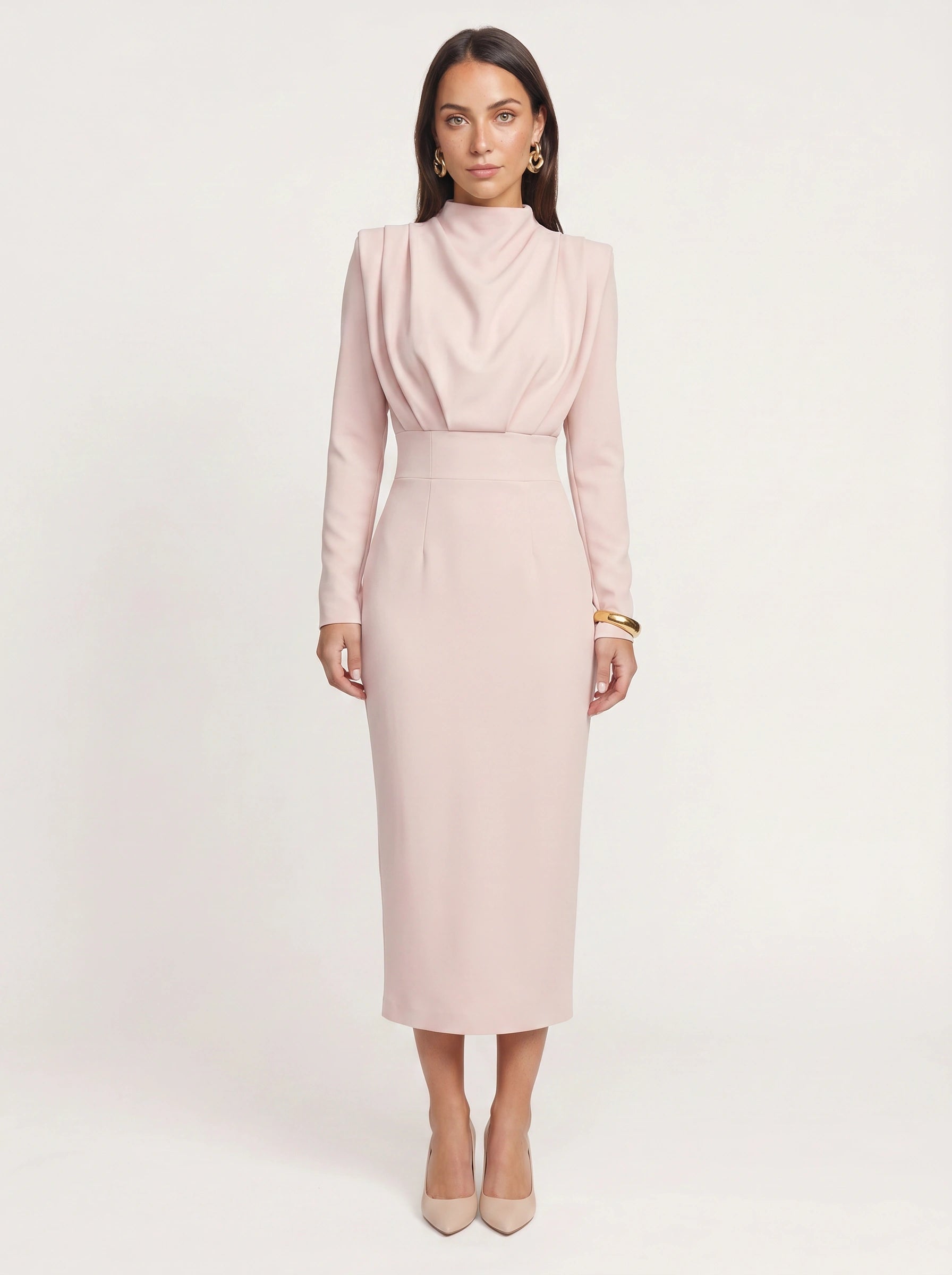 Plièro Structured Shoulder Midi Dress – Long Sleeve Mock Neck Women Formal Wedding Guest Elegant Evening Midi Dress