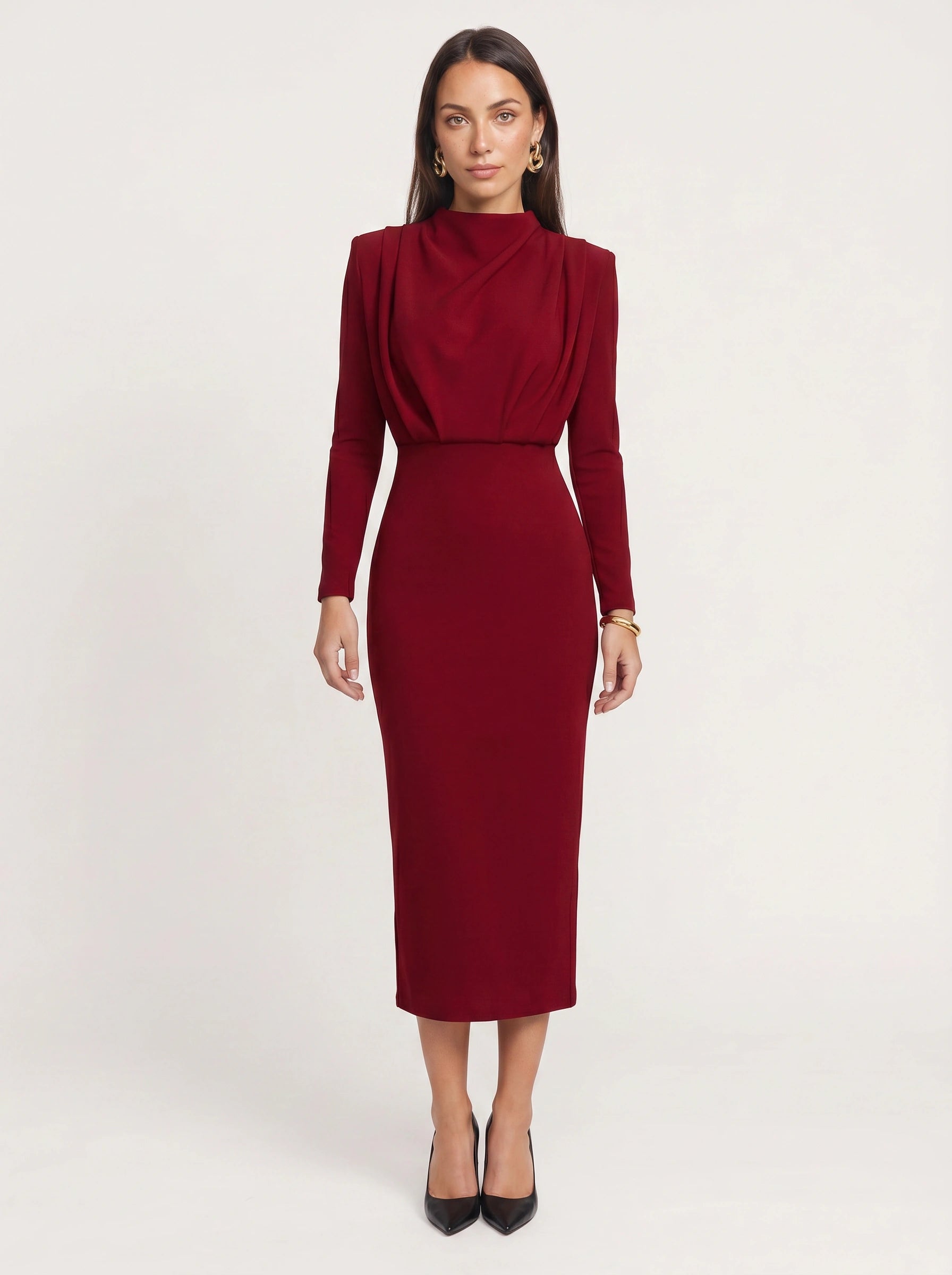 Plièro Structured Shoulder Midi Dress – Long Sleeve Mock Neck Women Formal Wedding Guest Elegant Evening Midi Dress