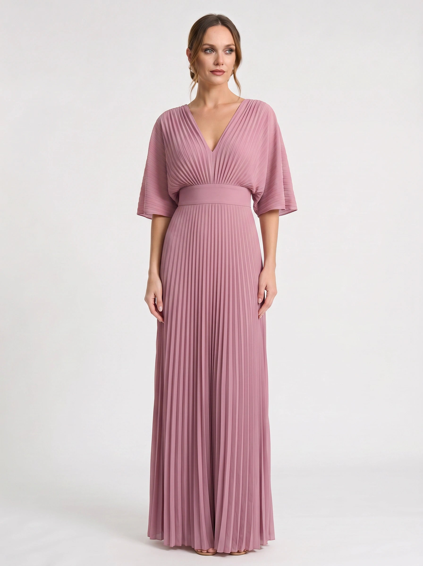 Azorine Pleated Cape Maxi Dress – Women Evening Formal Wedding Guest Occasion Sheer Cape Maxi Dress