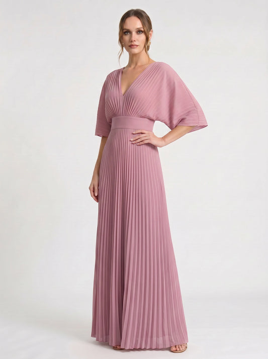 Azorine Pleated Cape Maxi Dress – Women Evening Formal Wedding Guest Occasion Sheer Cape Maxi Dress