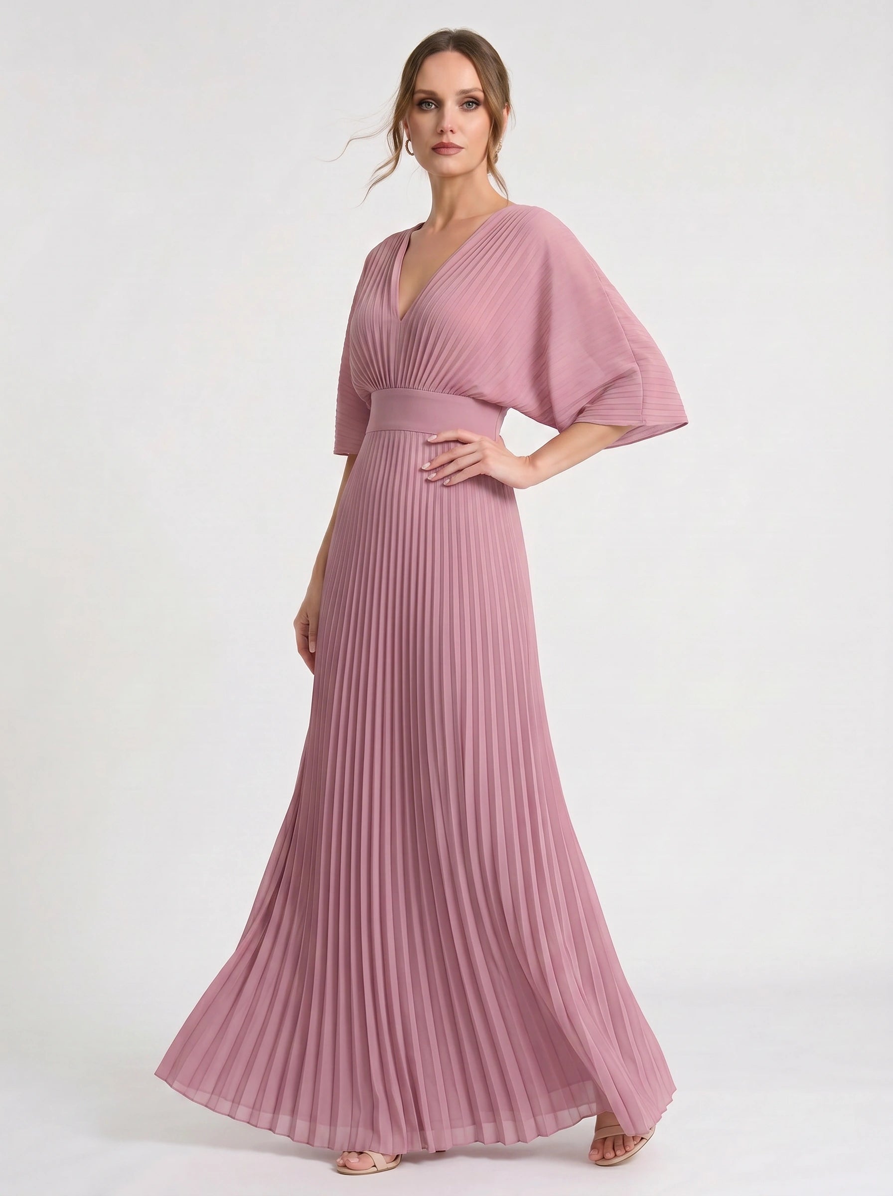 Azorine Pleated Cape Maxi Dress – Women Evening Formal Wedding Guest Occasion Sheer Cape Maxi Dress