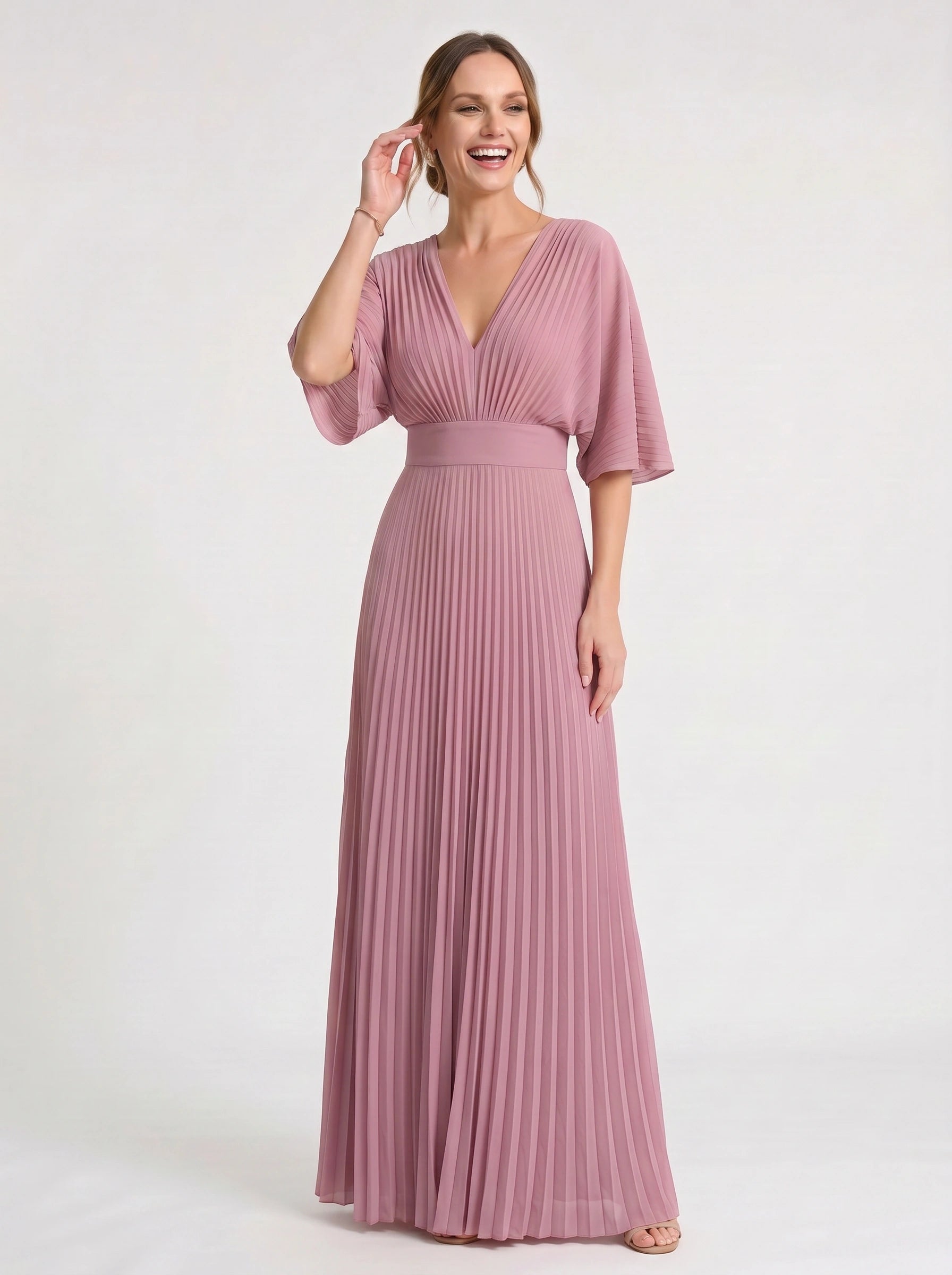 Azorine Pleated Cape Maxi Dress – Women Evening Formal Wedding Guest Occasion Sheer Cape Maxi Dress