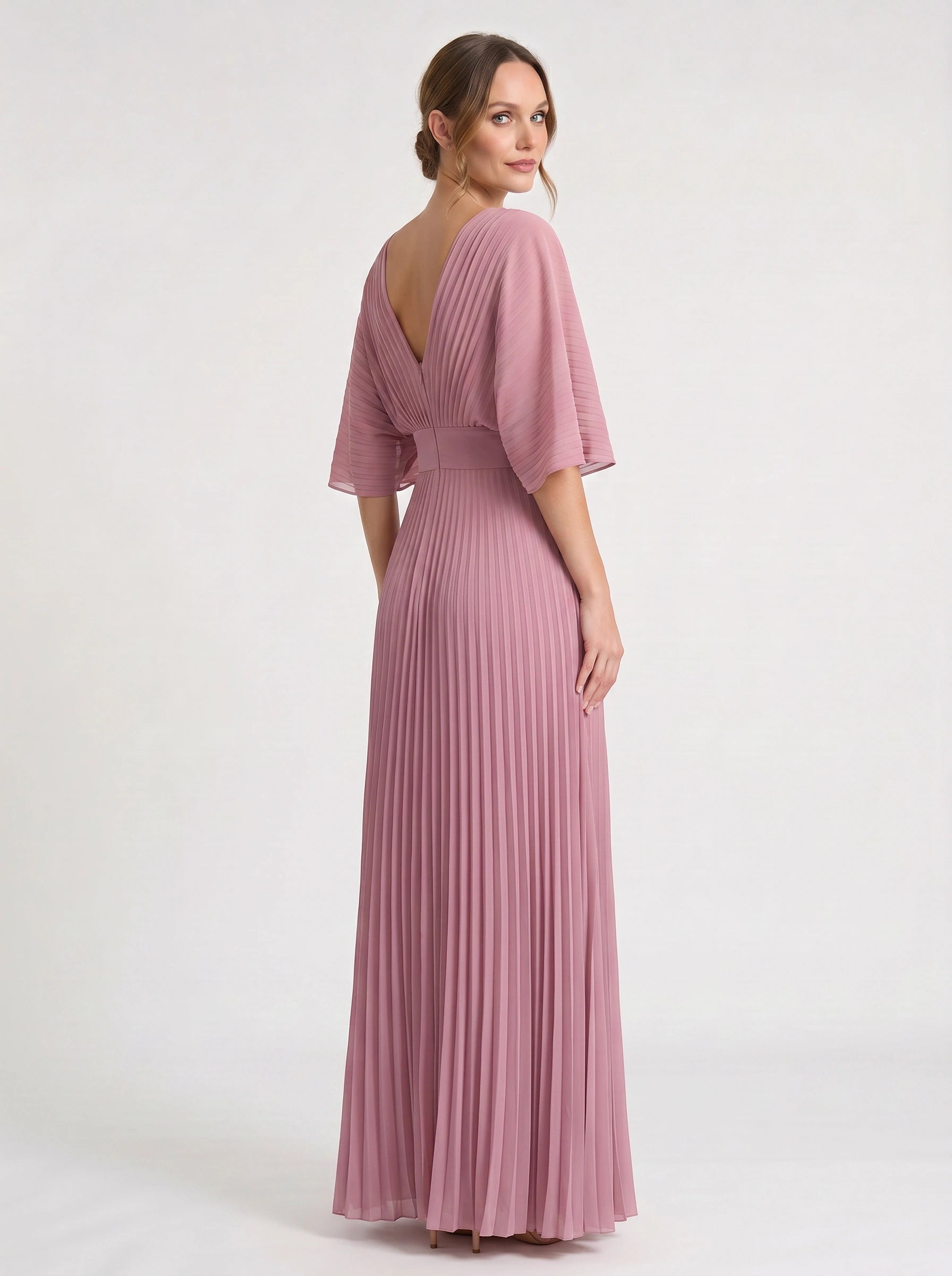 Azorine Pleated Cape Maxi Dress – Women Evening Formal Wedding Guest Occasion Sheer Cape Maxi Dress