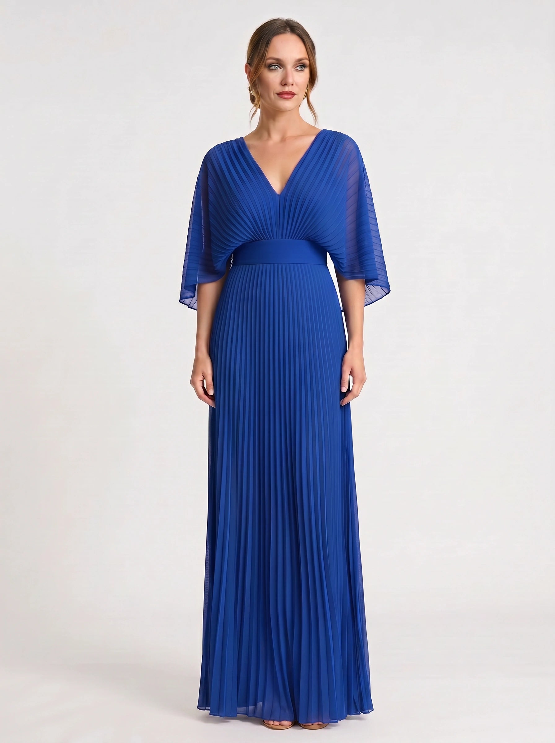 Azorine Pleated Cape Maxi Dress – Women Evening Formal Wedding Guest Occasion Sheer Cape Maxi Dress