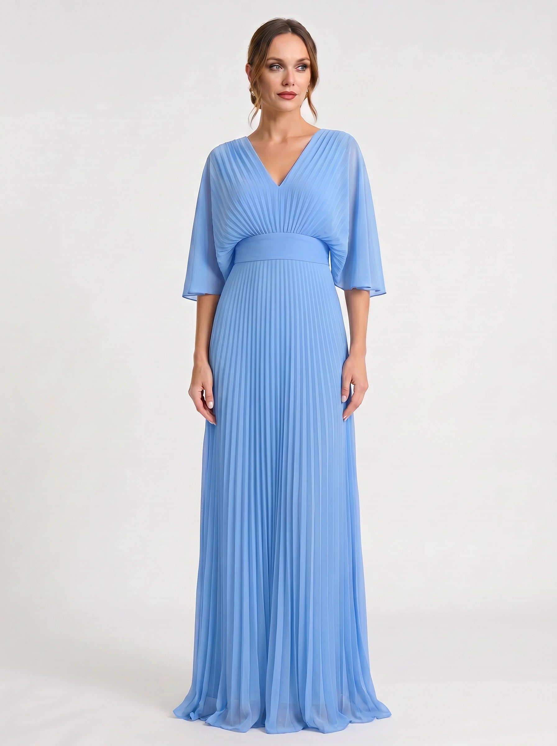 Azorine Pleated Cape Maxi Dress – Women Evening Formal Wedding Guest Occasion Sheer Cape Maxi Dress
