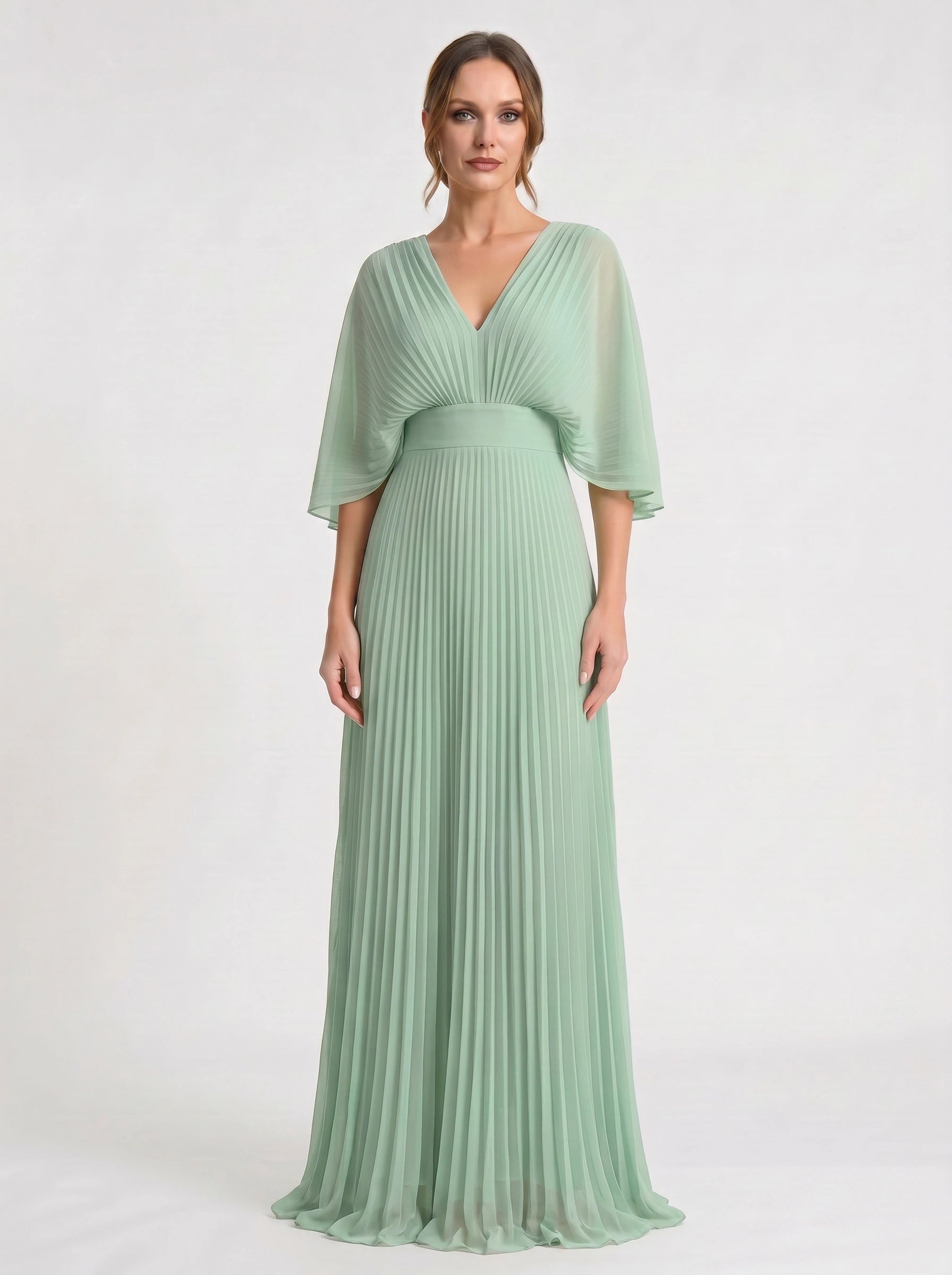 Azorine Pleated Cape Maxi Dress – Women Evening Formal Wedding Guest Occasion Sheer Cape Maxi Dress