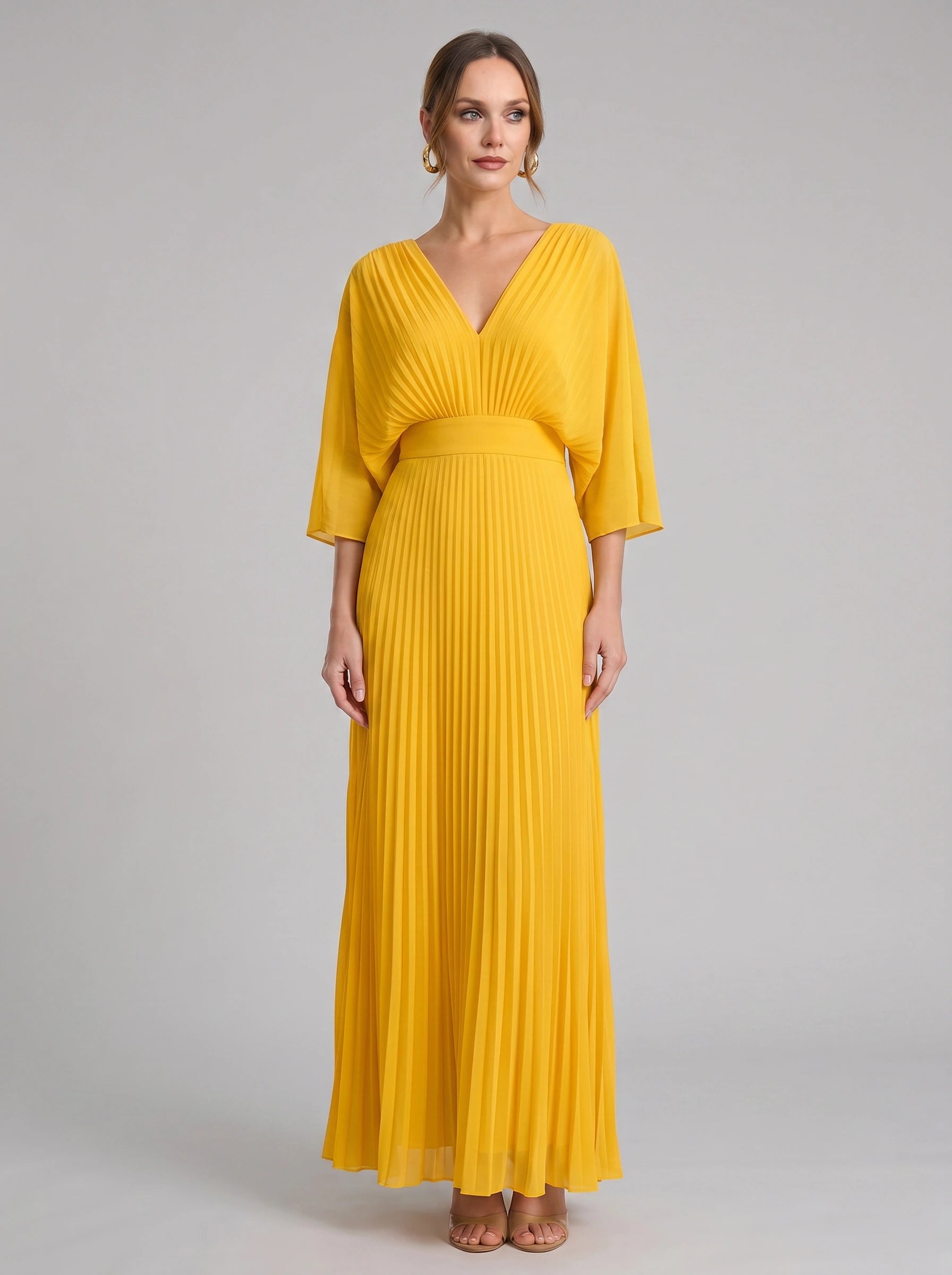 Azorine Pleated Cape Maxi Dress – Women Evening Formal Wedding Guest Occasion Sheer Cape Maxi Dress
