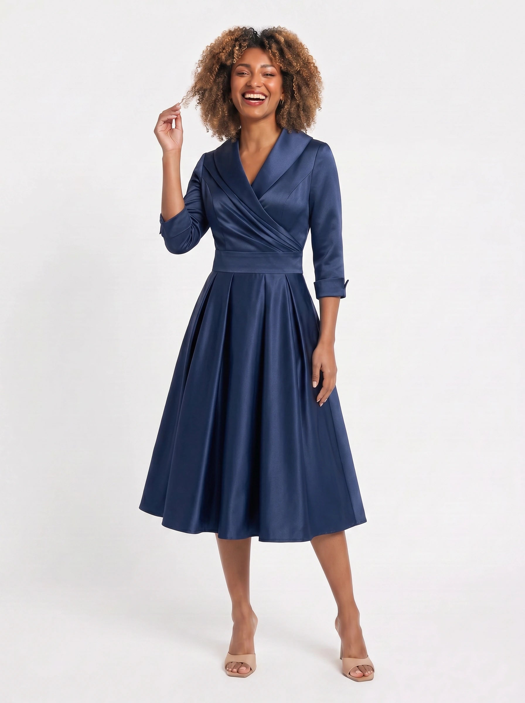 Lustraza Wrap Midi Dress – Satin Shawl Collar Women Formal Wedding Guest Pleated Fit Flare Midi Dress