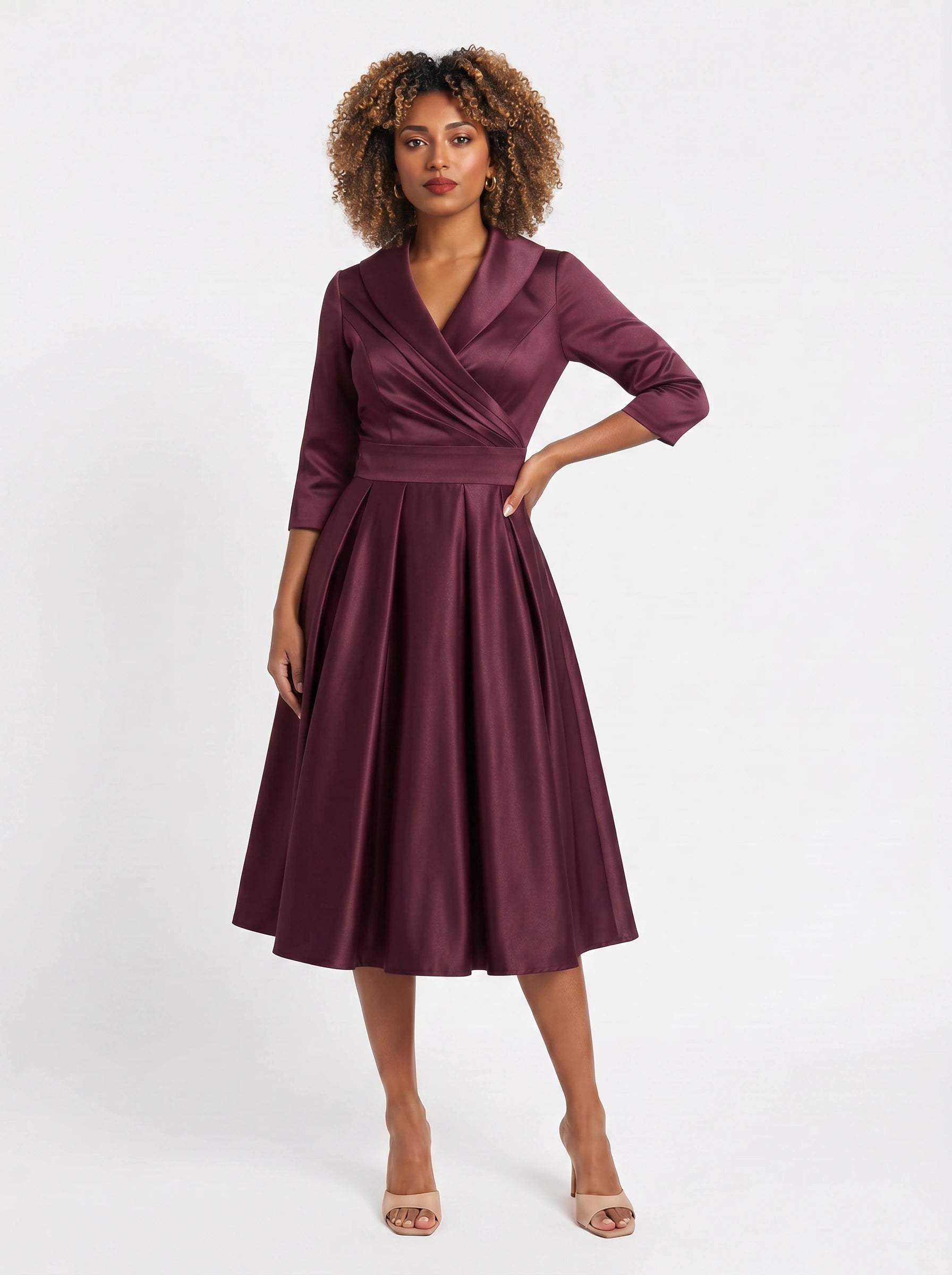 Lustraza Wrap Midi Dress – Satin Shawl Collar Women Formal Wedding Guest Pleated Fit Flare Midi Dress