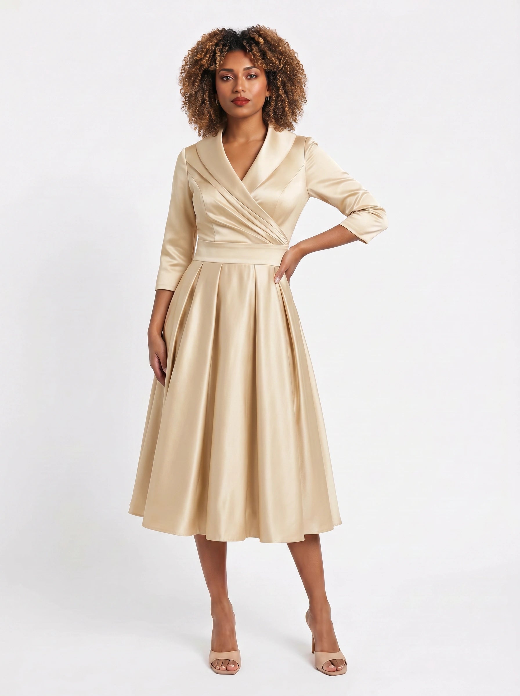 Lustraza Wrap Midi Dress – Satin Shawl Collar Women Formal Wedding Guest Pleated Fit Flare Midi Dress