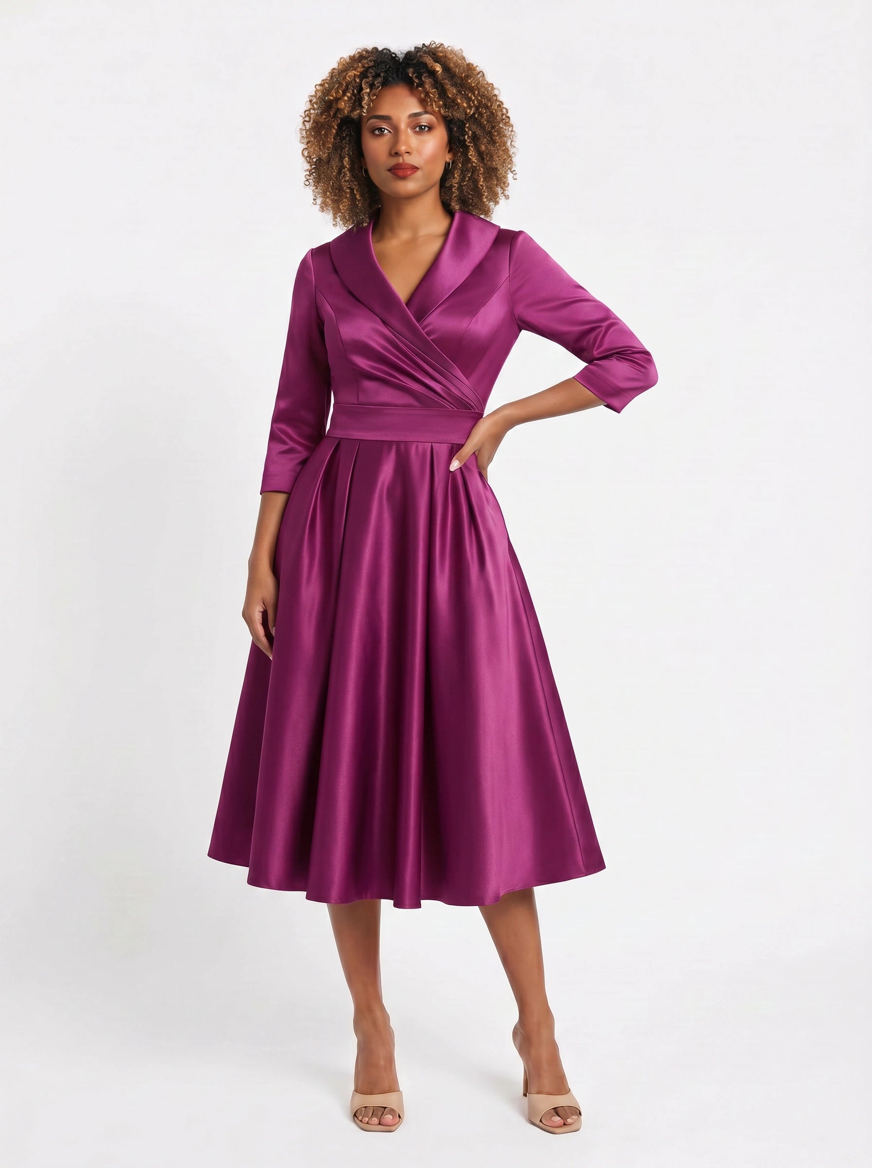 Lustraza Wrap Midi Dress – Satin Shawl Collar Women Formal Wedding Guest Pleated Fit Flare Midi Dress