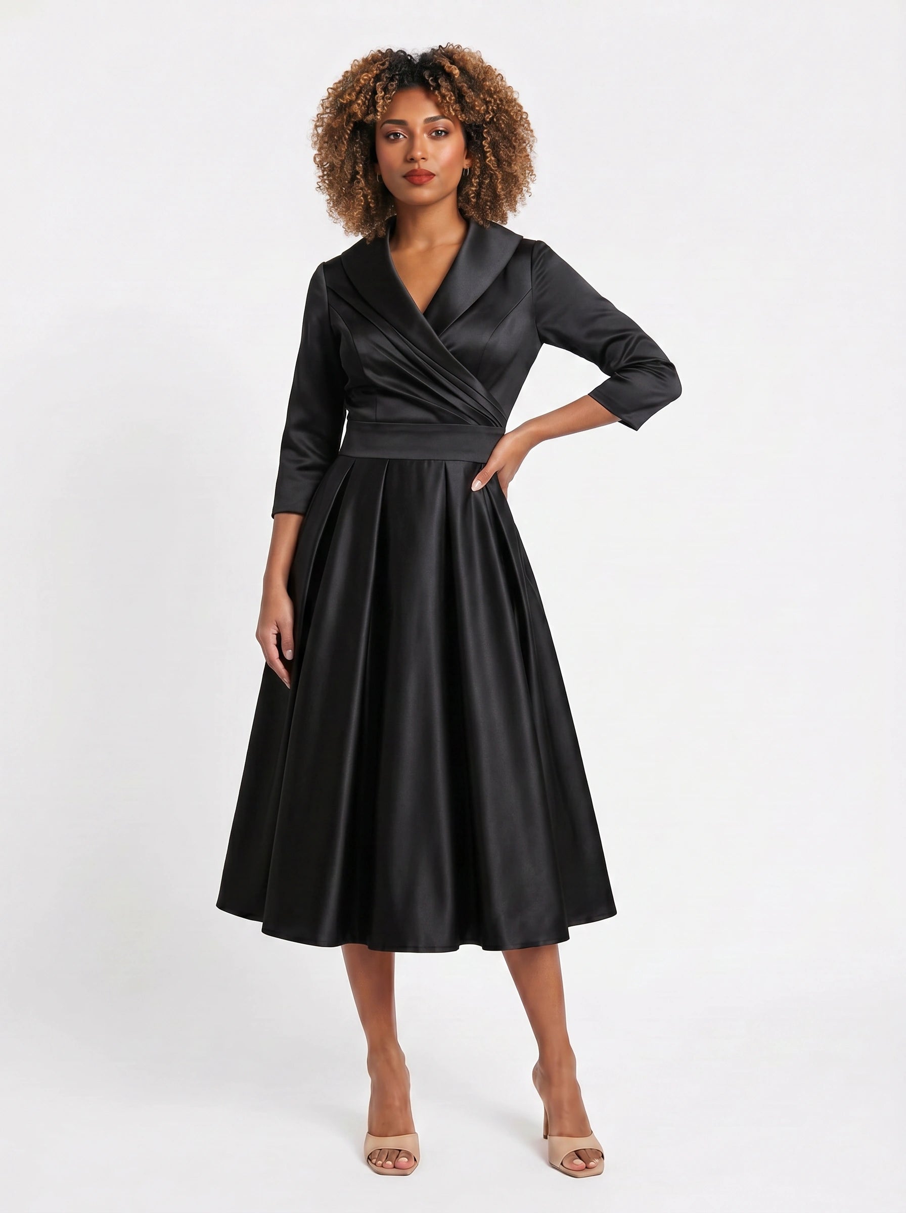 Lustraza Wrap Midi Dress – Satin Shawl Collar Women Formal Wedding Guest Pleated Fit Flare Midi Dress