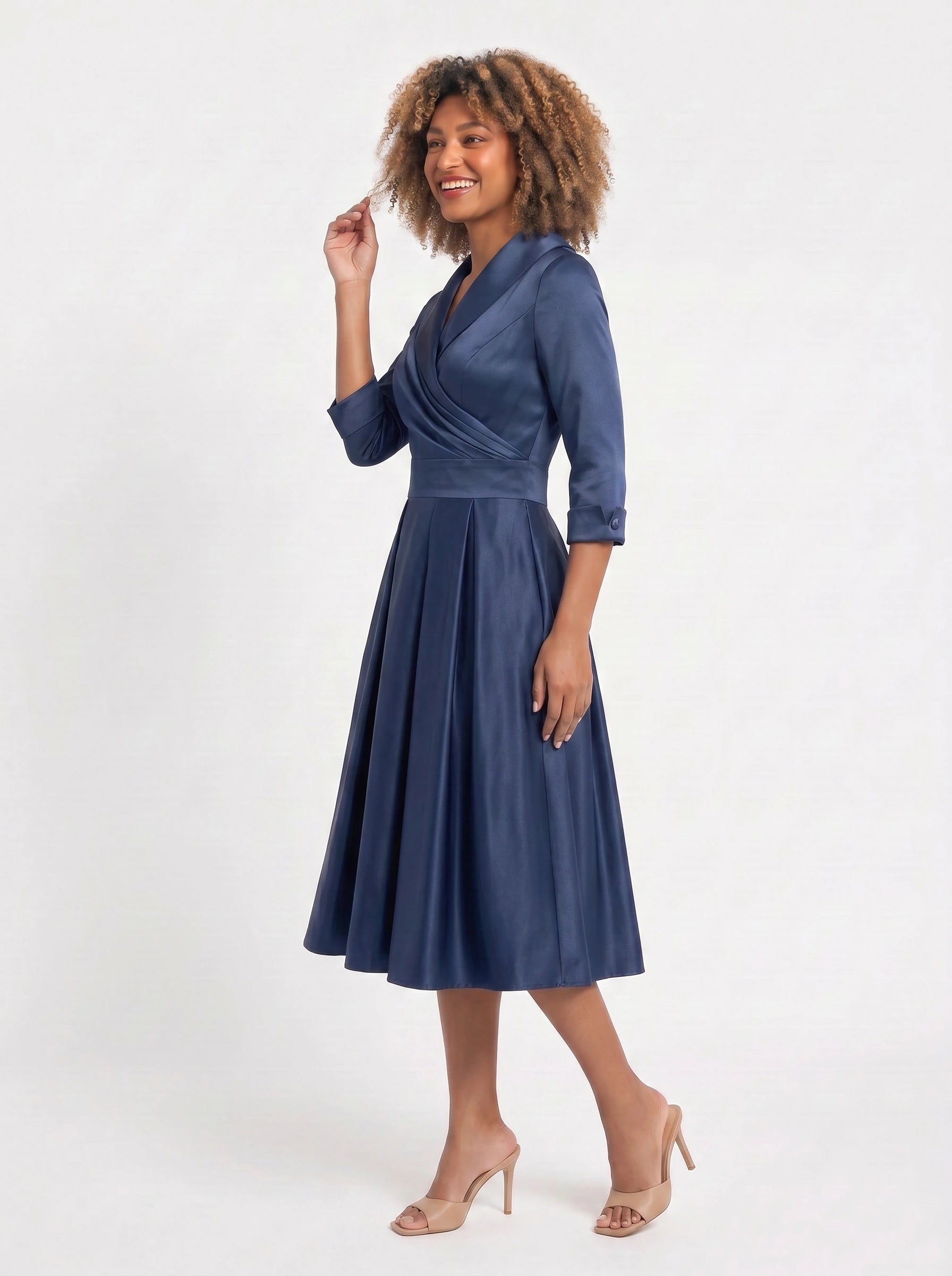 Lustraza Wrap Midi Dress – Satin Shawl Collar Women Formal Wedding Guest Pleated Fit Flare Midi Dress