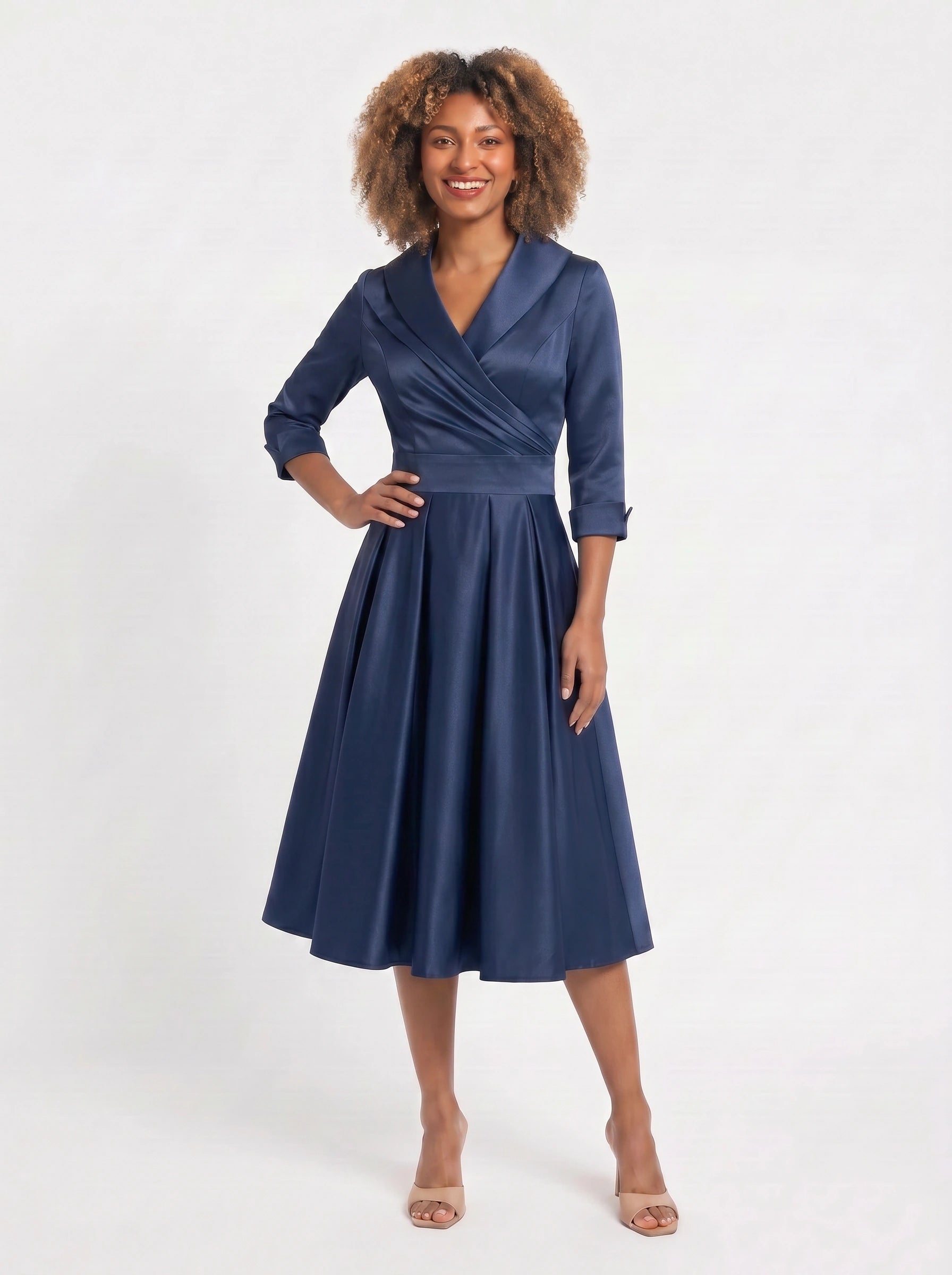 Lustraza Wrap Midi Dress – Satin Shawl Collar Women Formal Wedding Guest Pleated Fit Flare Midi Dress