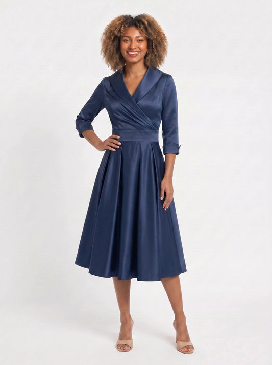 Lustraza Wrap Midi Dress – Satin Shawl Collar Women Formal Wedding Guest Pleated Fit Flare Midi Dress