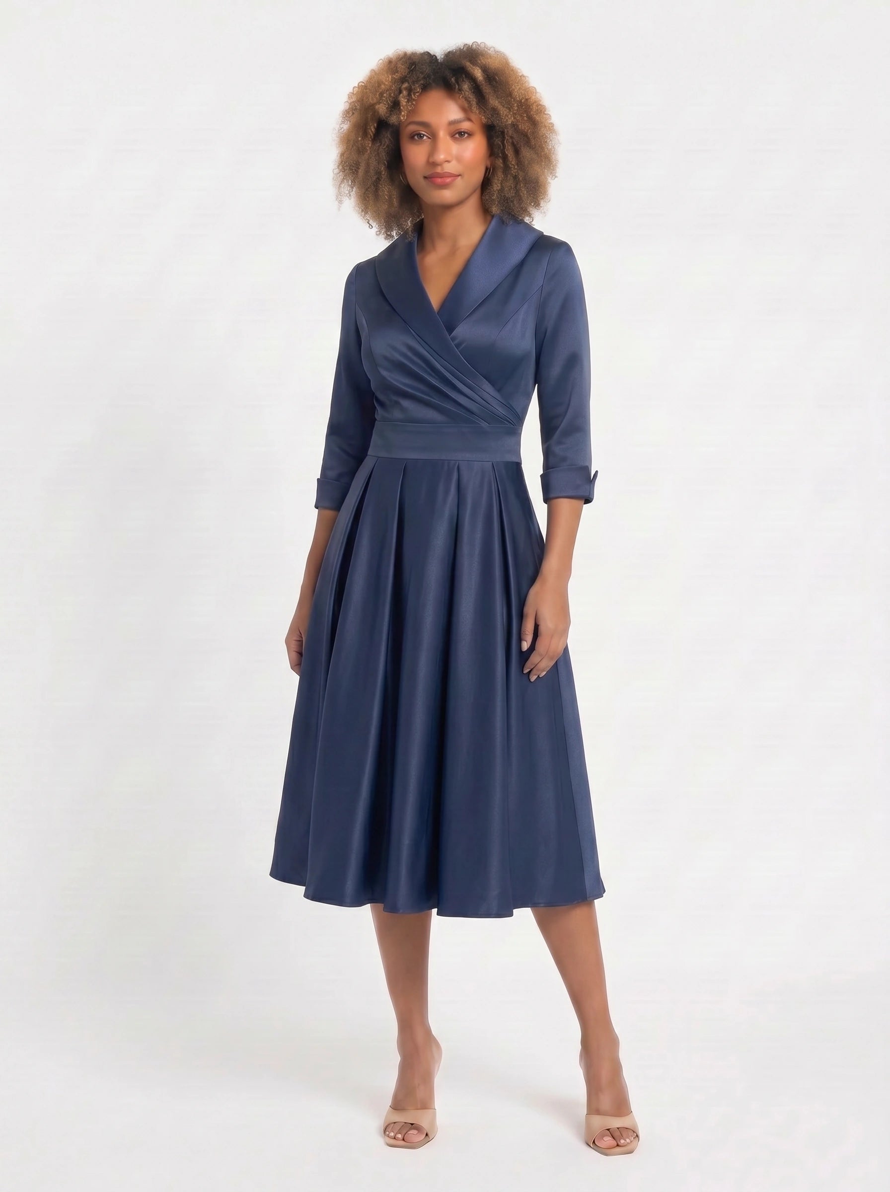 Lustraza Wrap Midi Dress – Satin Shawl Collar Women Formal Wedding Guest Pleated Fit Flare Midi Dress
