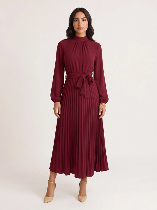 Pleura High-Neck Pleated Dress – Long Sleeve Formal Wedding Guest Women Elegant Modest Midi Dress