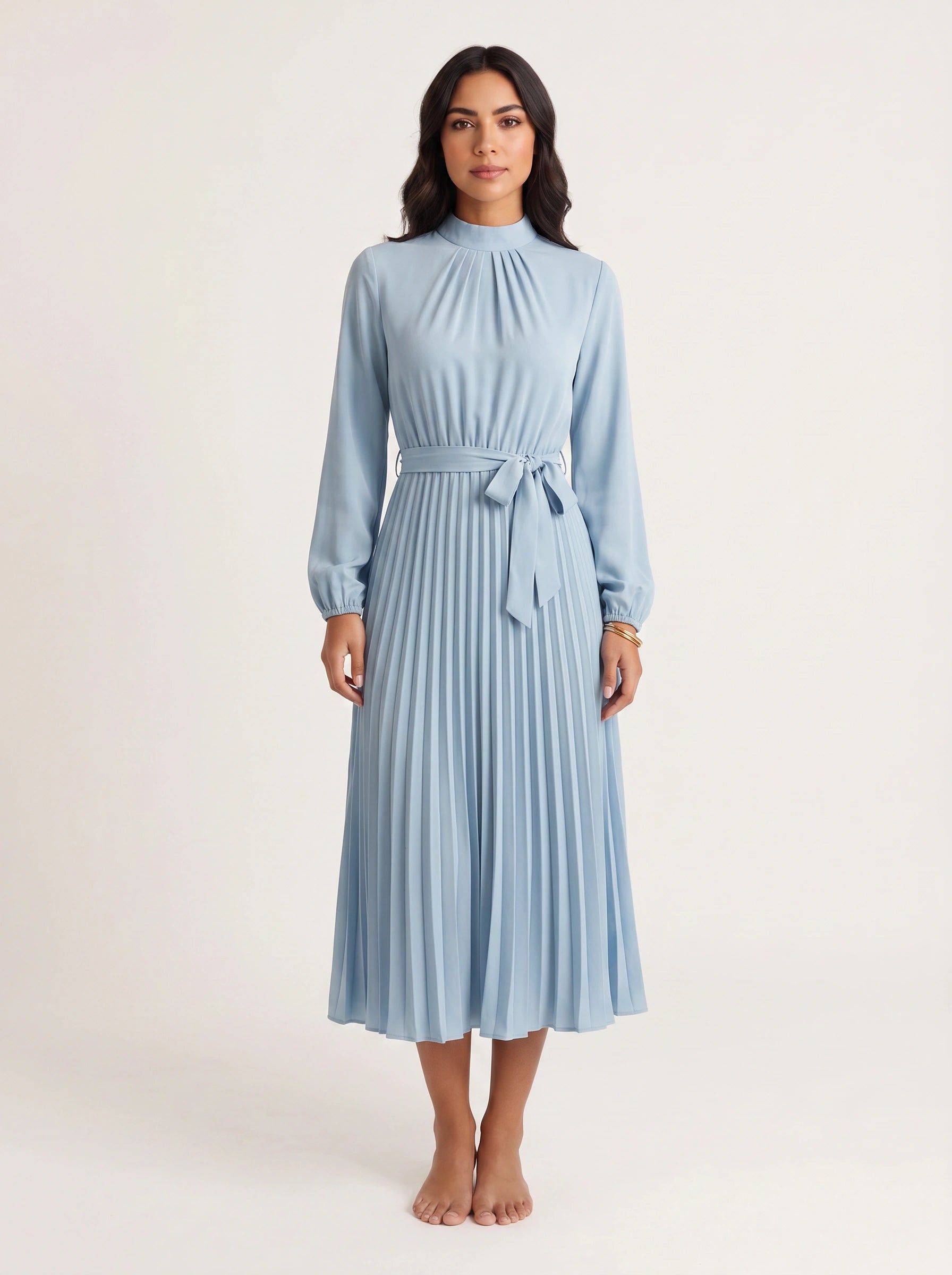 Pleura High-Neck Pleated Dress – Long Sleeve Formal Wedding Guest Women Elegant Modest Midi Dress