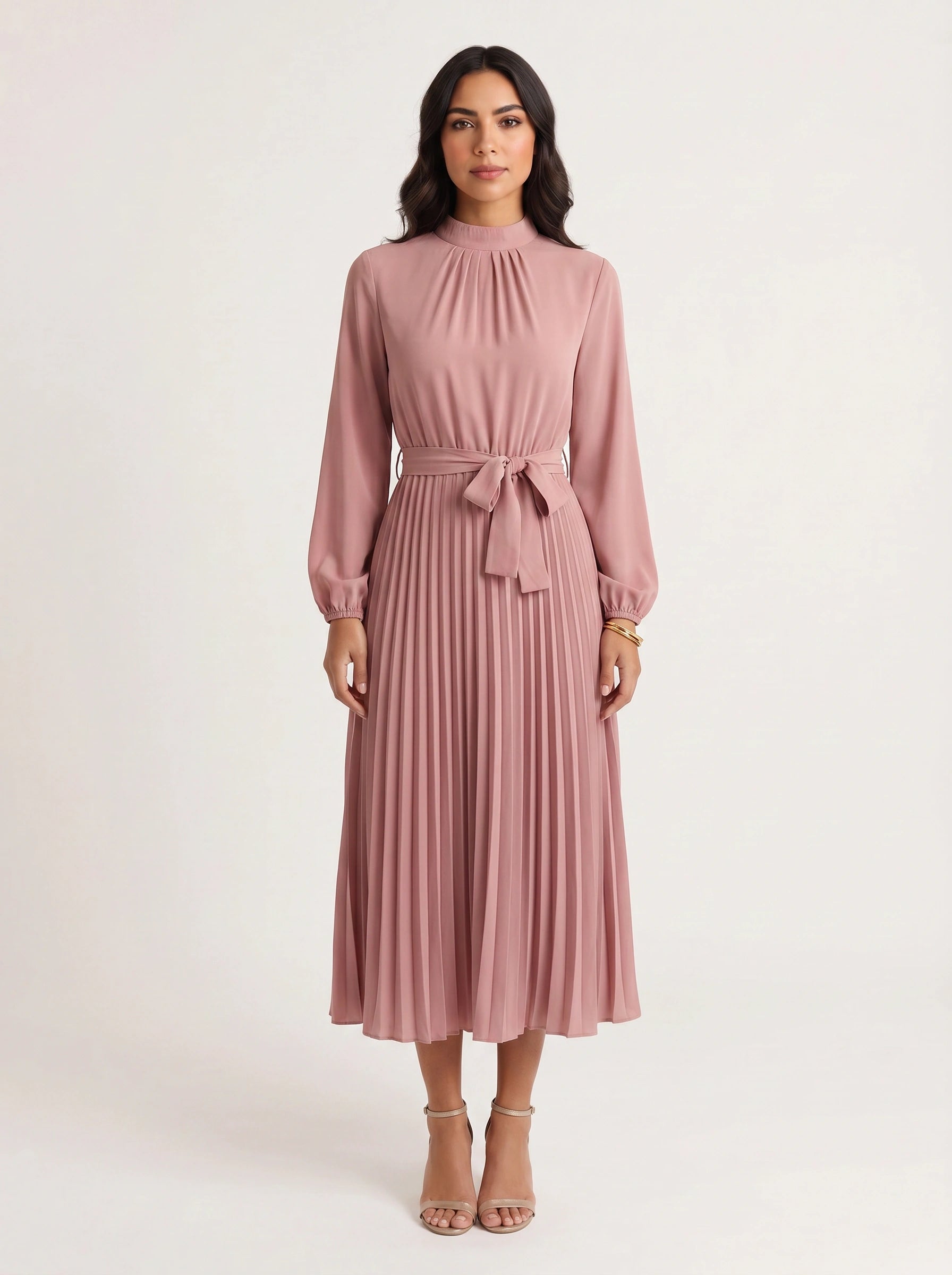 Pleura High-Neck Pleated Dress – Long Sleeve Formal Wedding Guest Women Elegant Modest Midi Dress