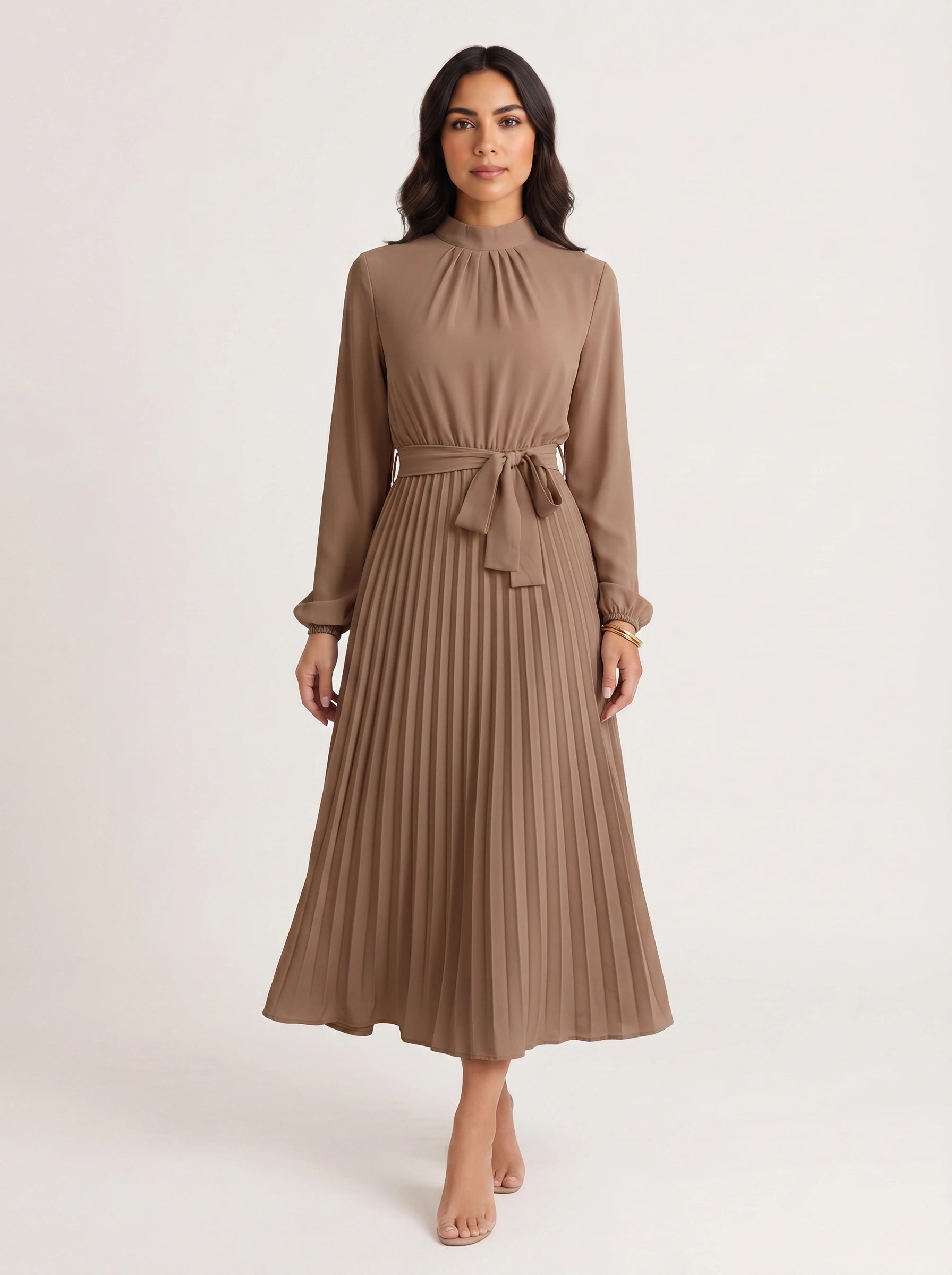 Pleura High-Neck Pleated Dress – Long Sleeve Formal Wedding Guest Women Elegant Modest Midi Dress