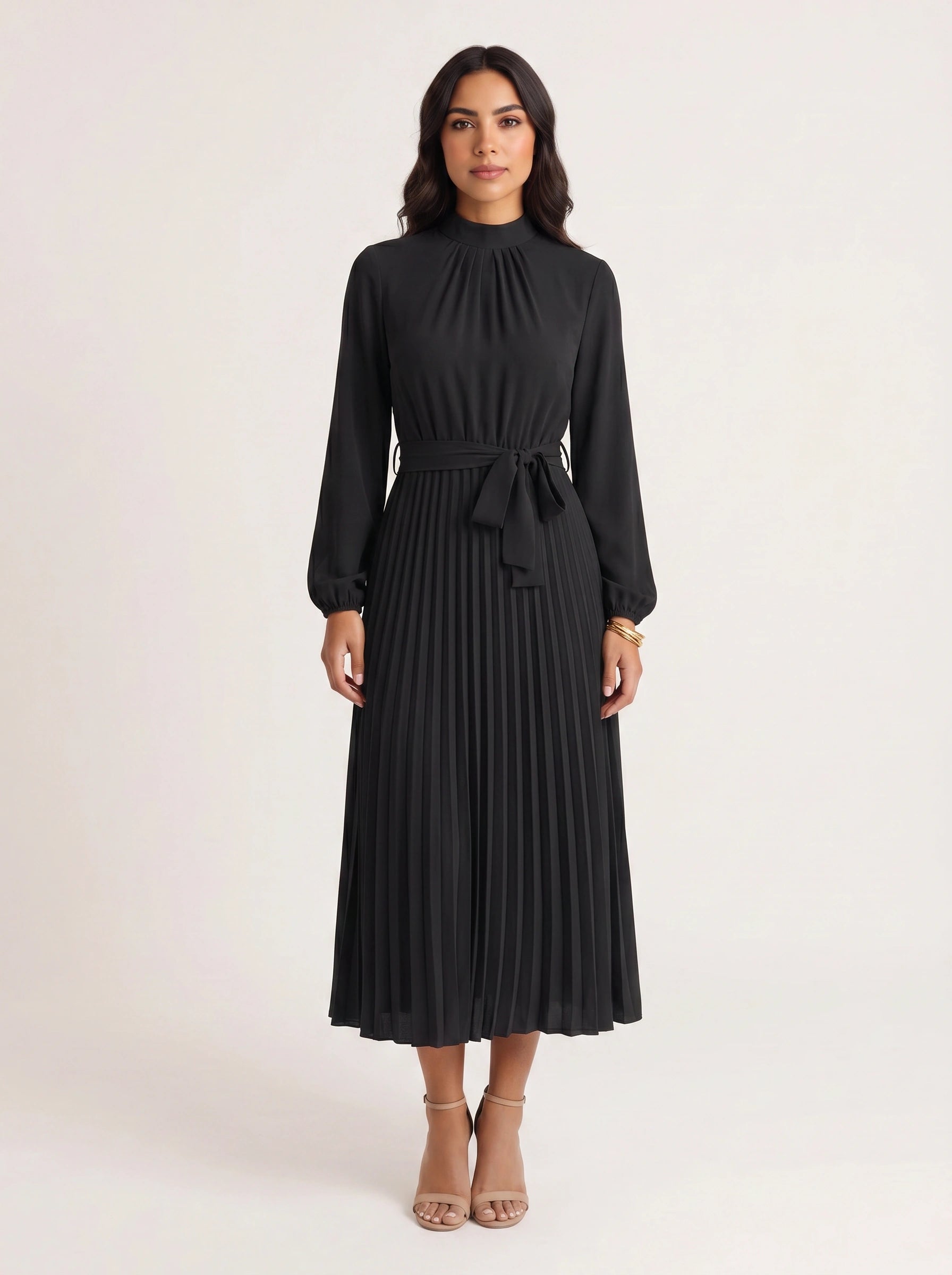 Pleura High-Neck Pleated Dress – Long Sleeve Formal Wedding Guest Women Elegant Modest Midi Dress