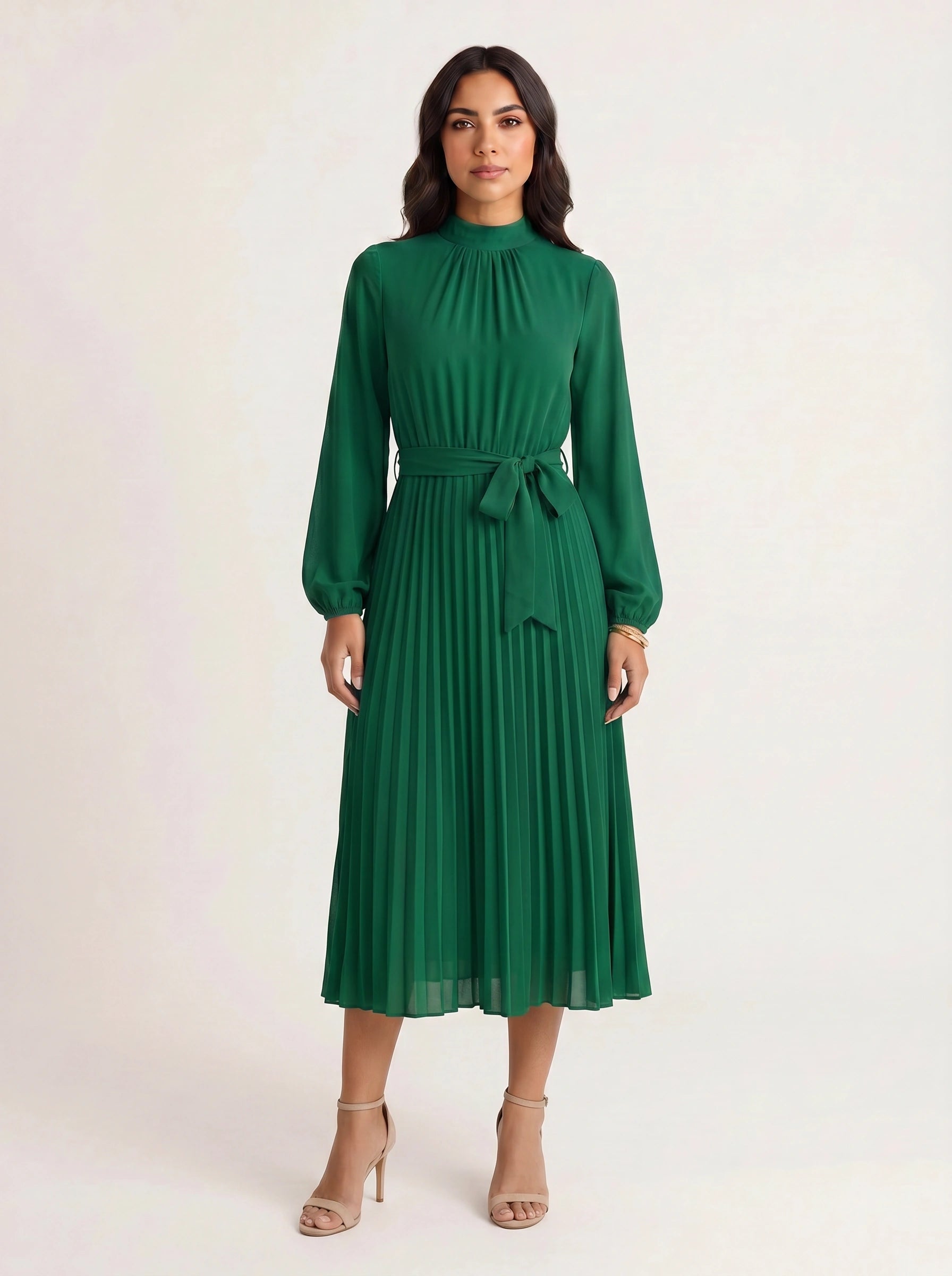 Pleura High-Neck Pleated Dress – Long Sleeve Formal Wedding Guest Women Elegant Modest Midi Dress