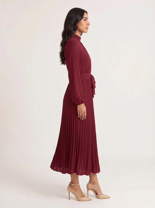 Pleura High-Neck Pleated Dress – Long Sleeve Formal Wedding Guest Women Elegant Modest Midi Dress
