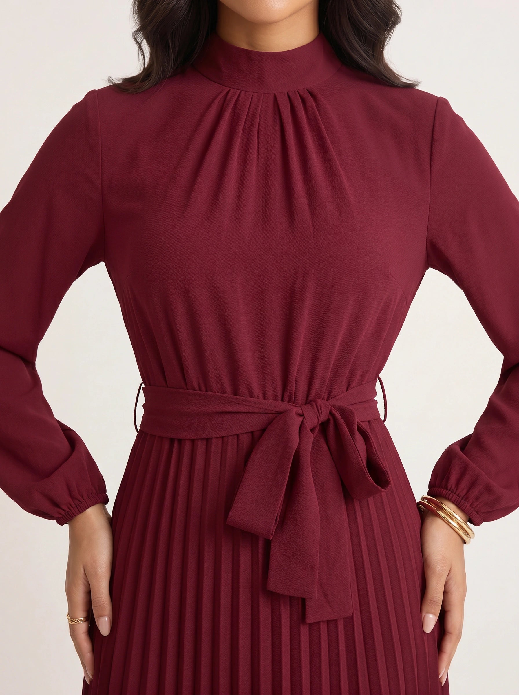 Pleura High-Neck Pleated Dress – Long Sleeve Formal Wedding Guest Women Elegant Modest Midi Dress