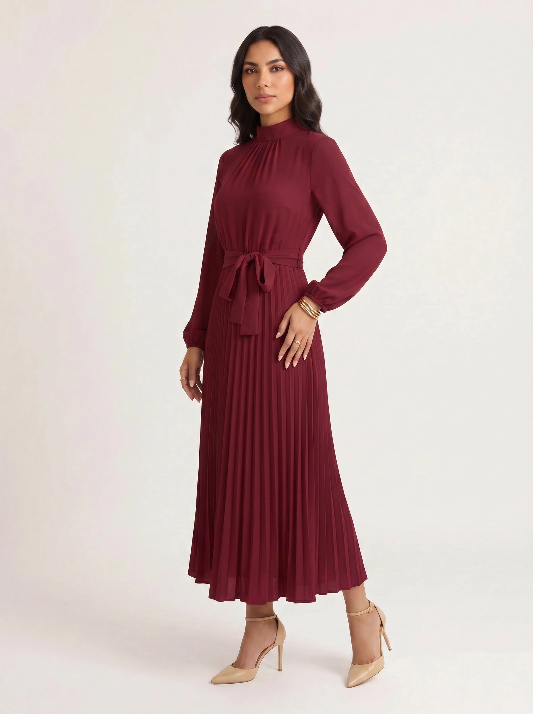 Pleura High-Neck Pleated Dress – Long Sleeve Formal Wedding Guest Women Elegant Modest Midi Dress