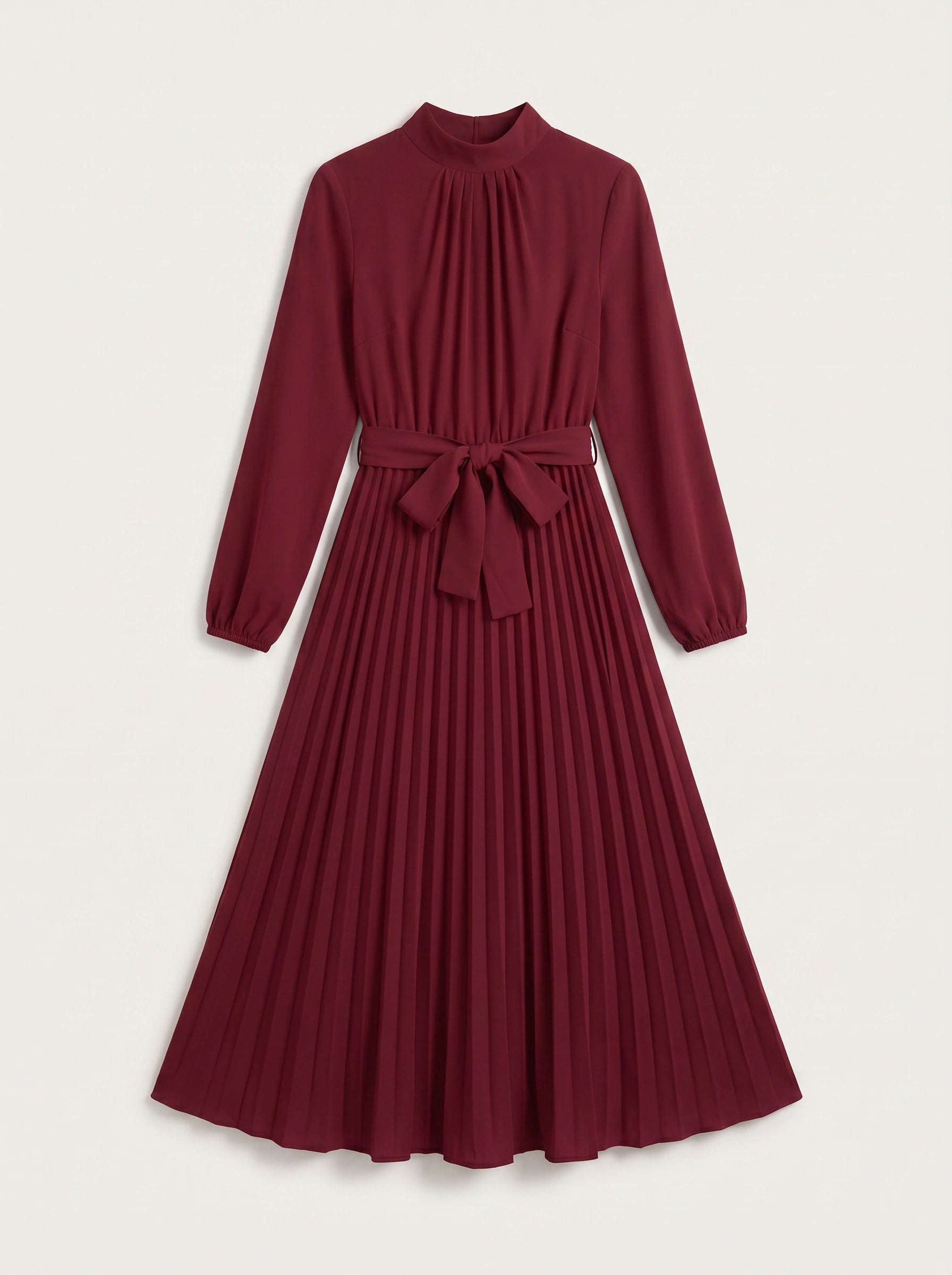 Pleura High-Neck Pleated Dress – Long Sleeve Formal Wedding Guest Women Elegant Modest Midi Dress