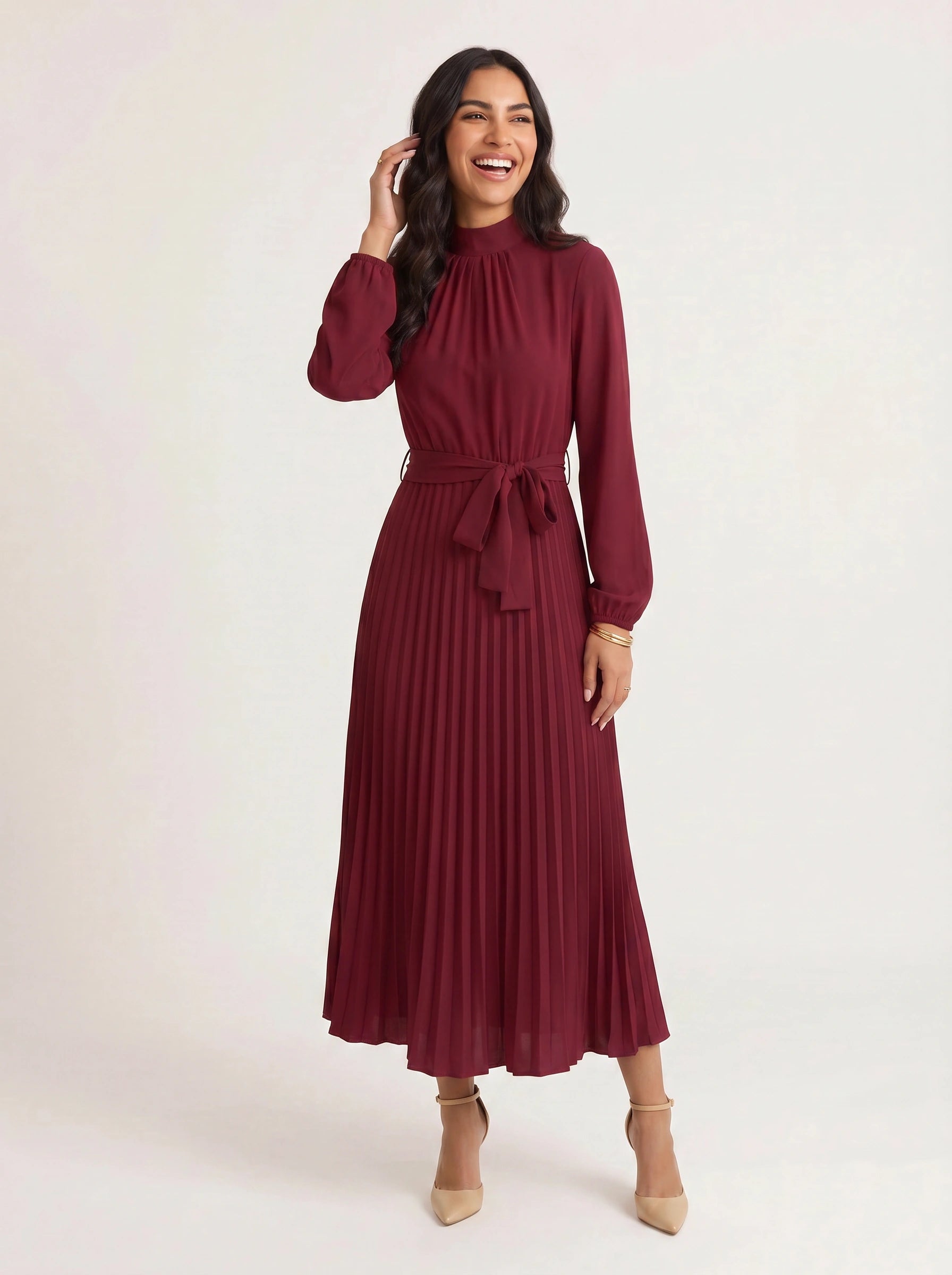 Pleura High-Neck Pleated Dress – Long Sleeve Formal Wedding Guest Women Elegant Modest Midi Dress
