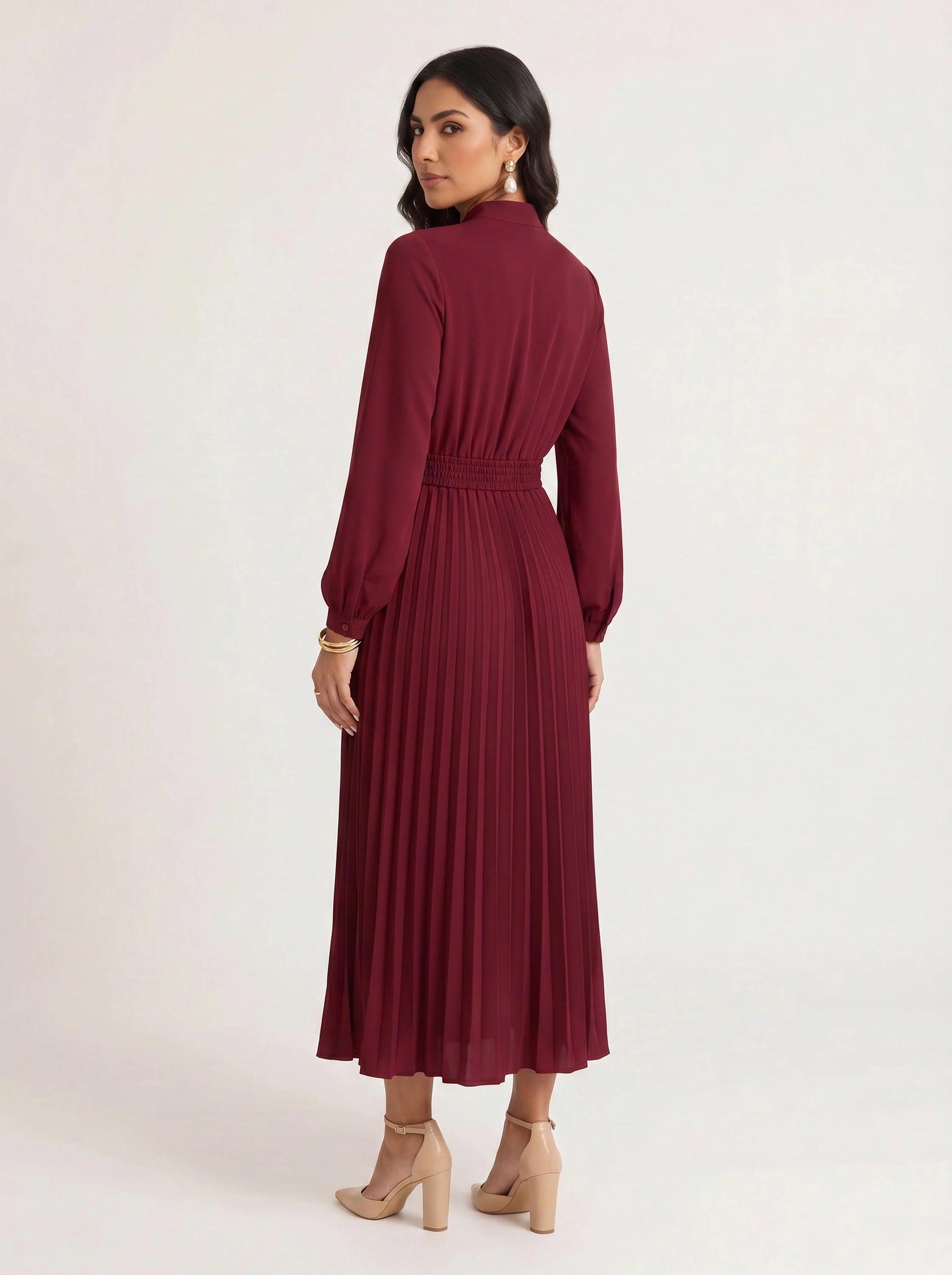 Pleura High-Neck Pleated Dress – Long Sleeve Formal Wedding Guest Women Elegant Modest Midi Dress