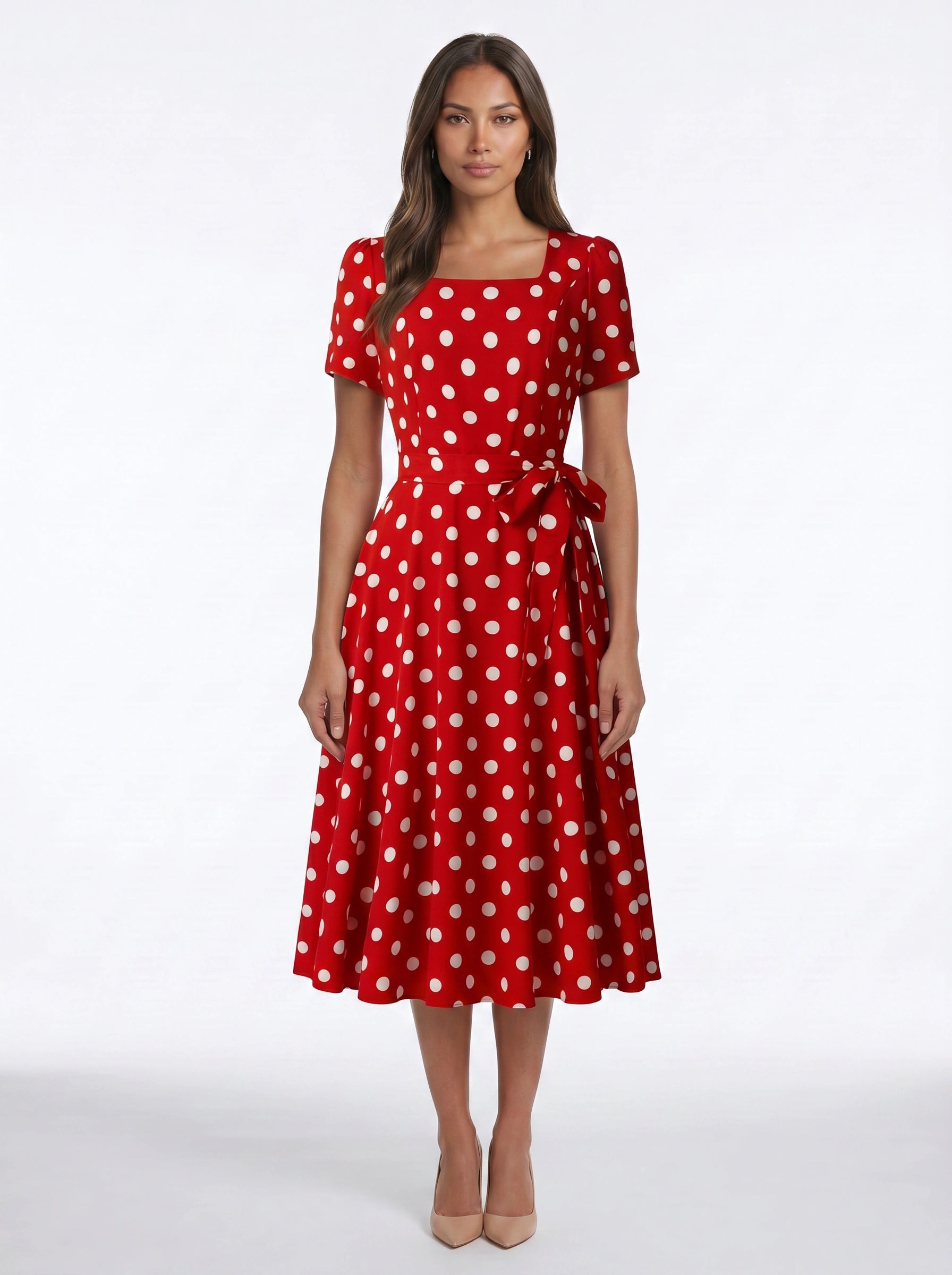Dotara Polka Dot Midi Dress – Vintage Retro Style Women Square Neck Belted Fit Flare Midi Dress