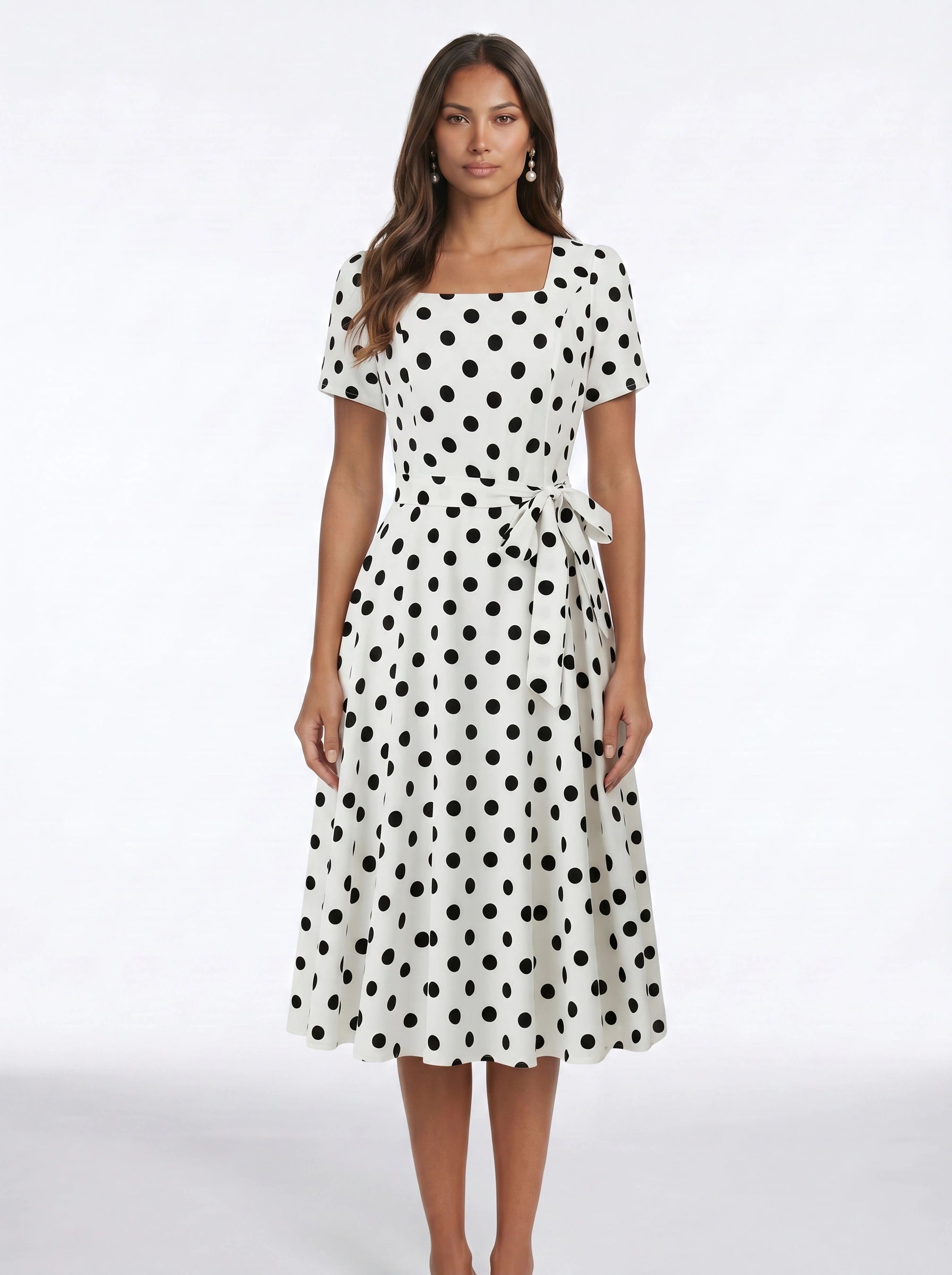 Dotara Polka Dot Midi Dress – Vintage Retro Style Women Square Neck Belted Fit Flare Midi Dress