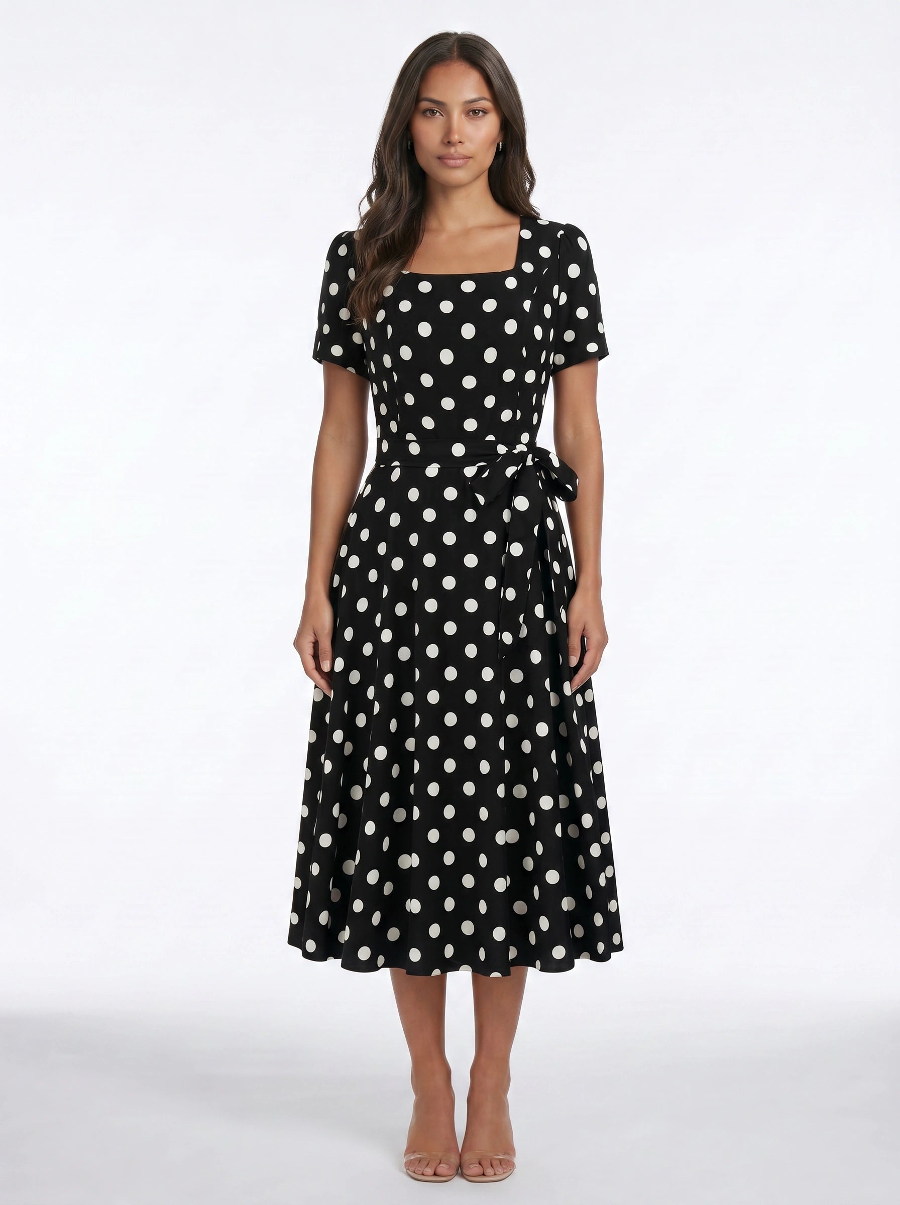 Dotara Polka Dot Midi Dress – Vintage Retro Style Women Square Neck Belted Fit Flare Midi Dress